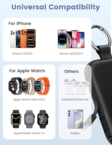 Miniatura 2 de RORRY Cargador portátil, batería externa portátil de 5000 mAh con cables integrados, paquete de batería en llavero de viaje para Apple Watch Negro