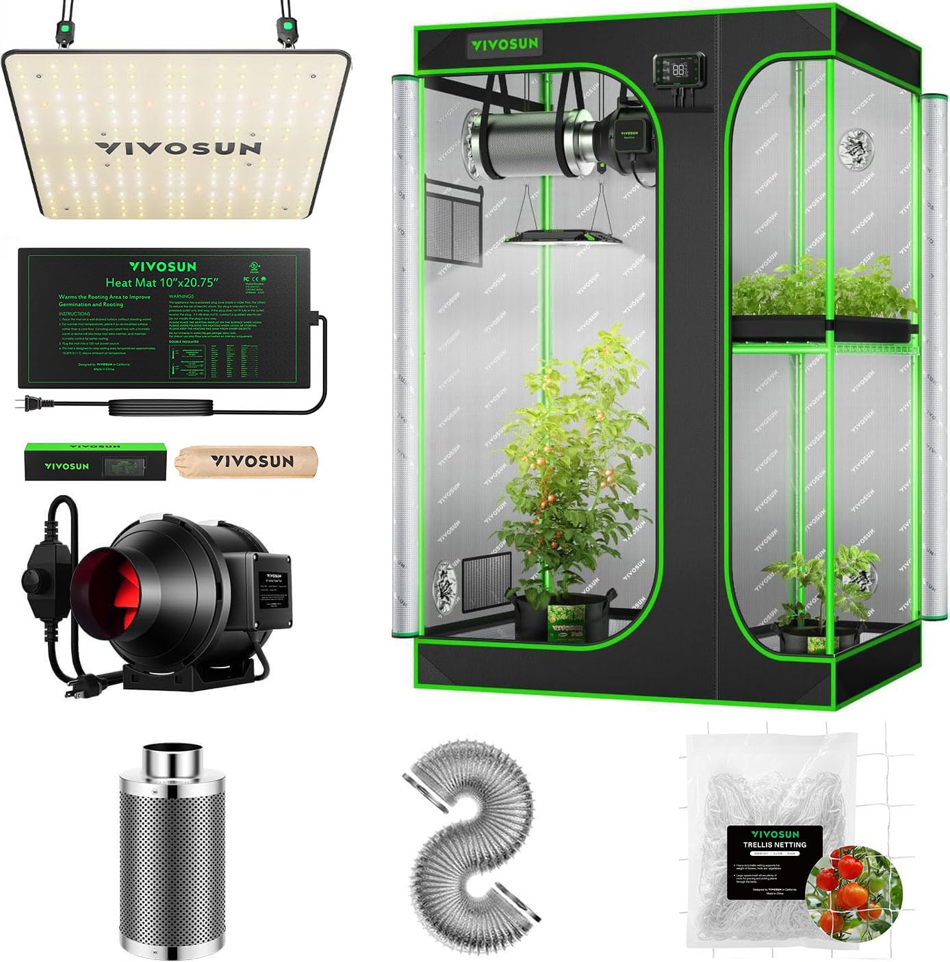 VIVOSUN 2-in-1 48 x36 x72 Mylar Reflective Grow Tent with VS1000 LED Grow Light Trellis Netting Inline Fan
