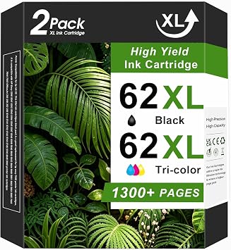 62XL Ink Cartridges for HP Ink 62 62XL Ink Cartridge 1 Black, 1 Color