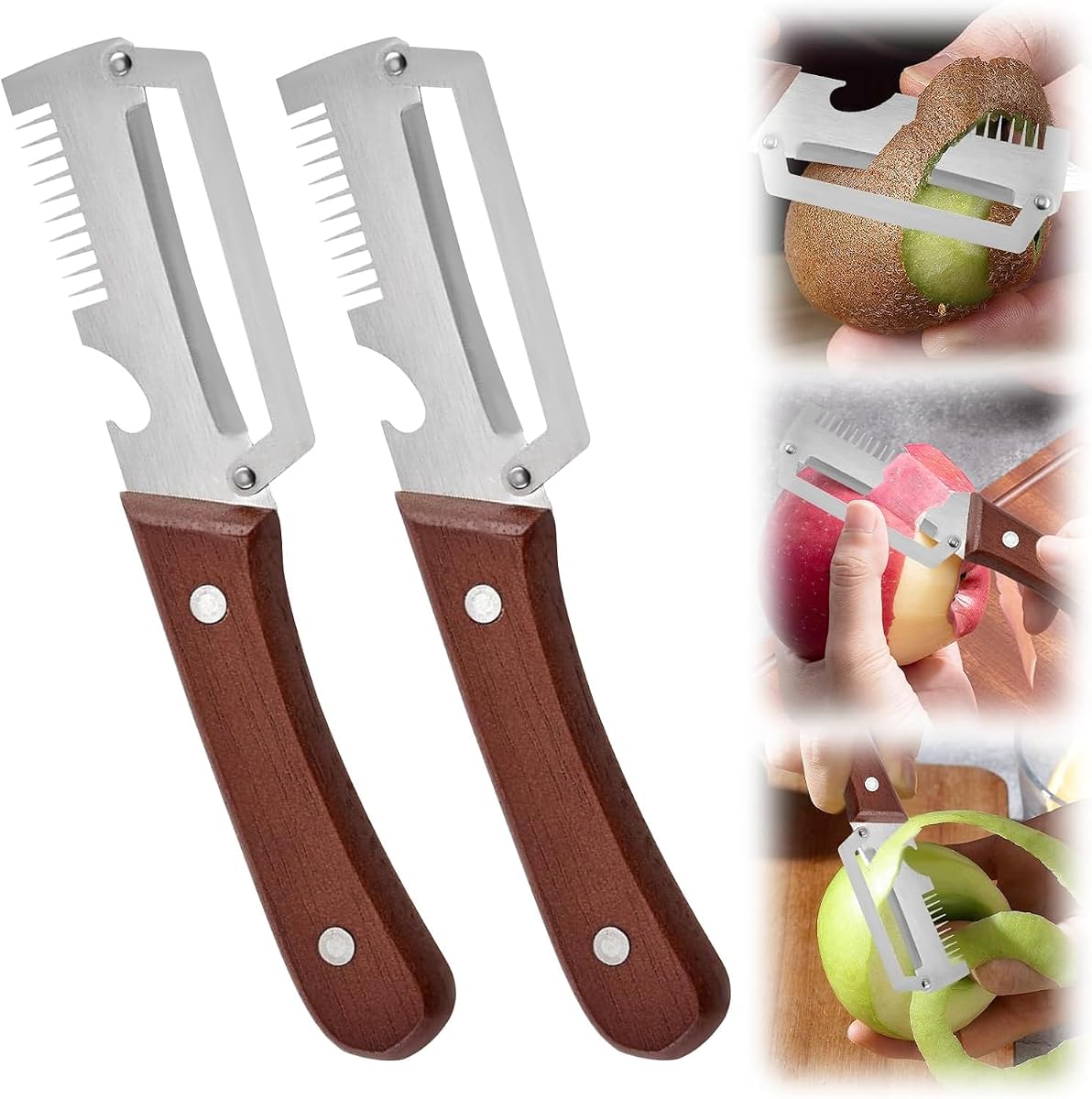 2PCS Multifunction Vegetable Peeler for Kitchen, Stainless Steel Fruit & Potato Peeler with Bottle Opener and Wooden Handle, 3-in-1 Kitchen Gadget for Carrot, Pumpkin, Cucumber and Veggie