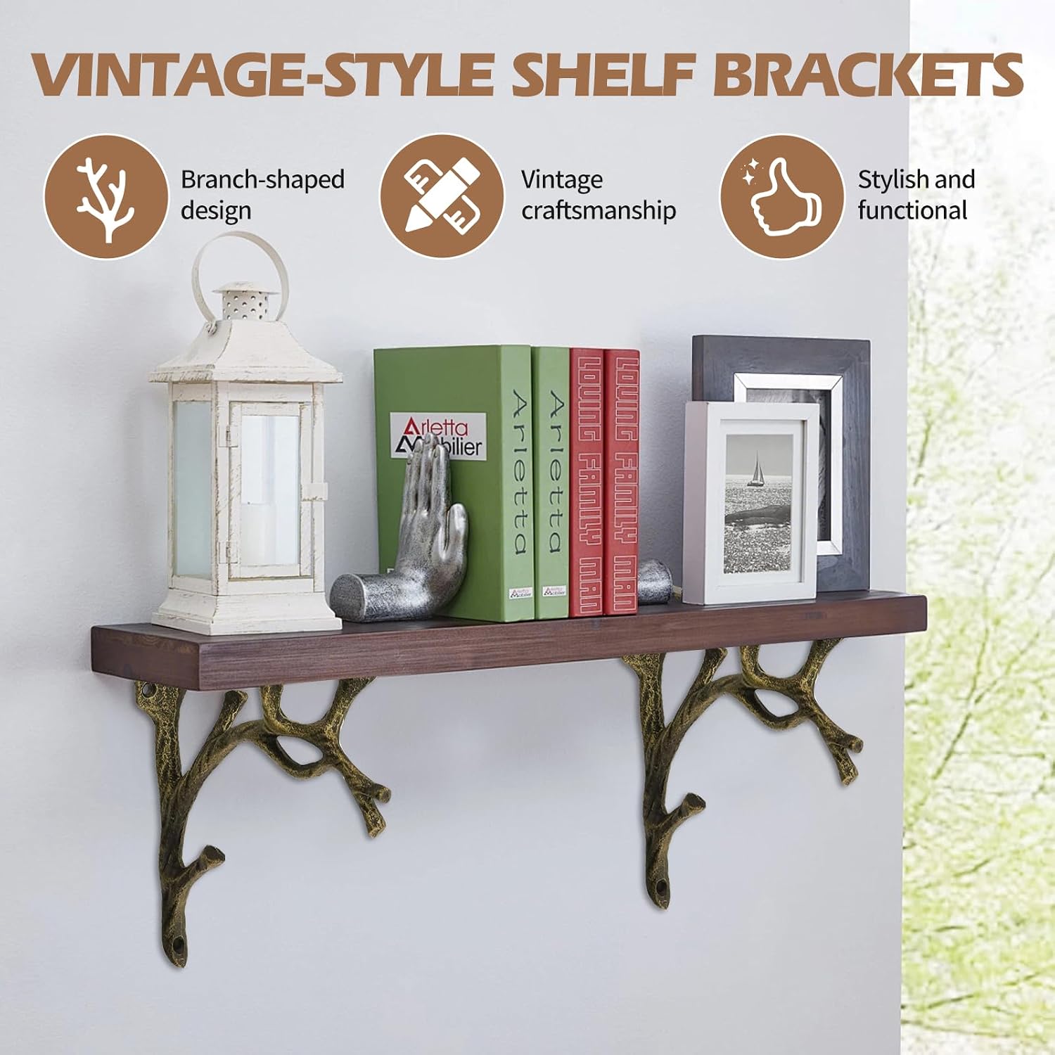 2-Pack Vintage Tree Branch Shelf Brackets - Antique Bronze Cast Iron Heavy Duty Wall Supports with Hooks for Kitchen, Living Room, Bathroom, Office Décor