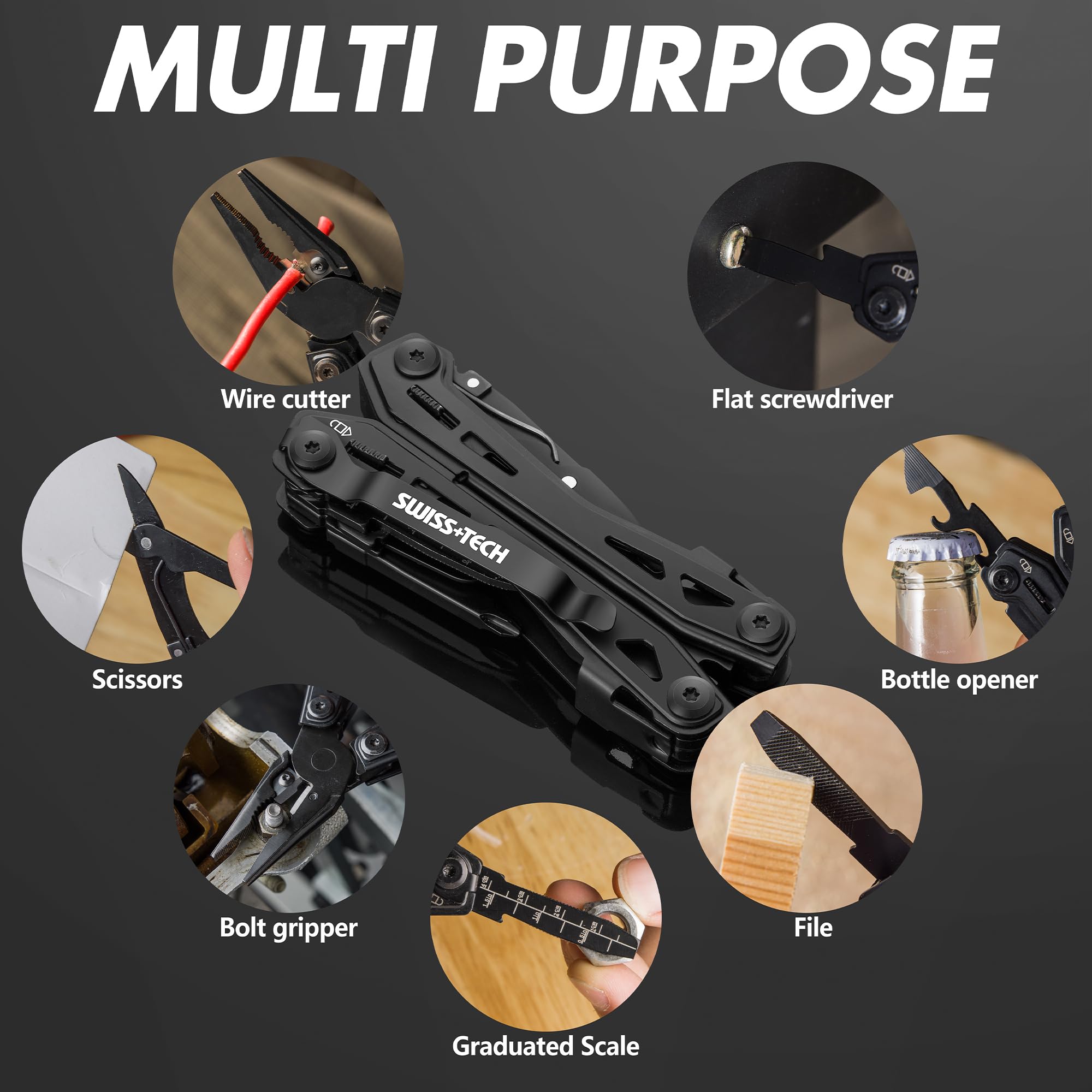 Swiss+Tech Alicate Multiherramienta 16 en 1, Negro | Herramienta Multifuncional de Acero Inoxidable con Sierra, Destornillador, Lima y Navaja Multiusos para Camping y Senderismo