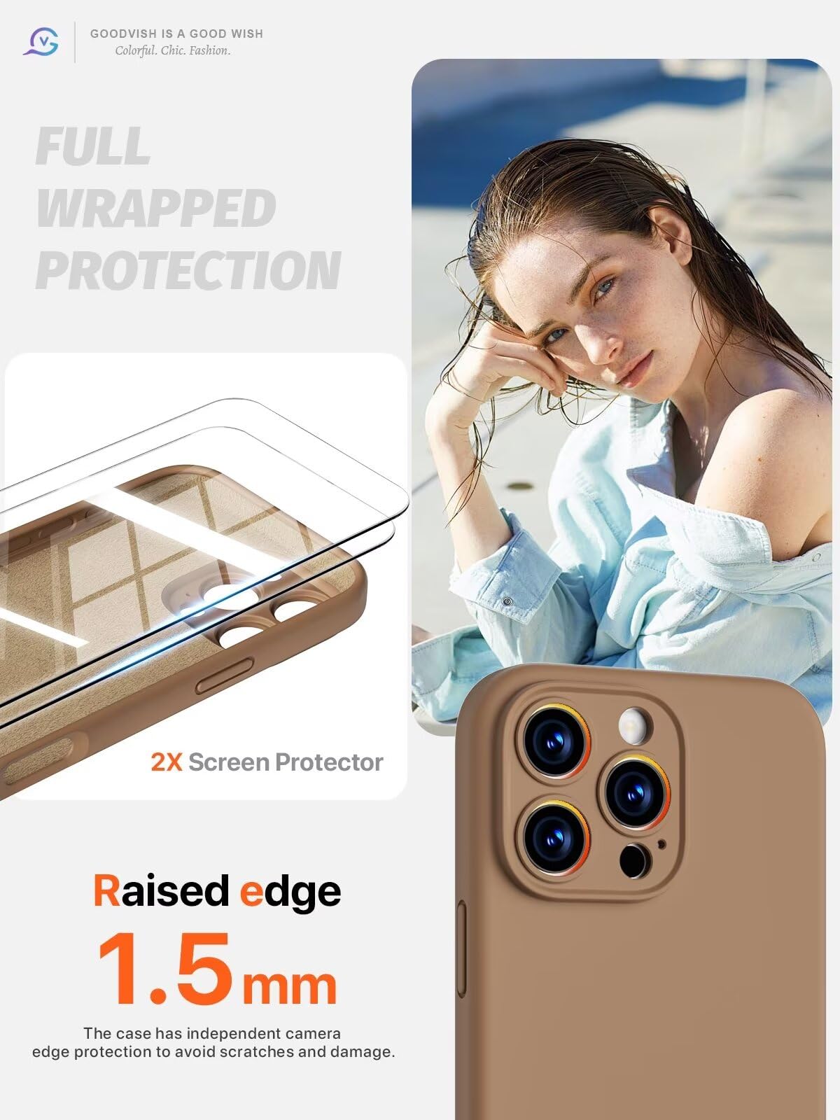 GOODVISH 3 in 1 Silicone Cover per iPhone 16 Pro 6.3", Custodia con 2 Pellicola Vetro Temperato [Protezione Fotocamera] 360° Protezione Anticaduta Case per Cellulare Antiurto Resistente, Cachi