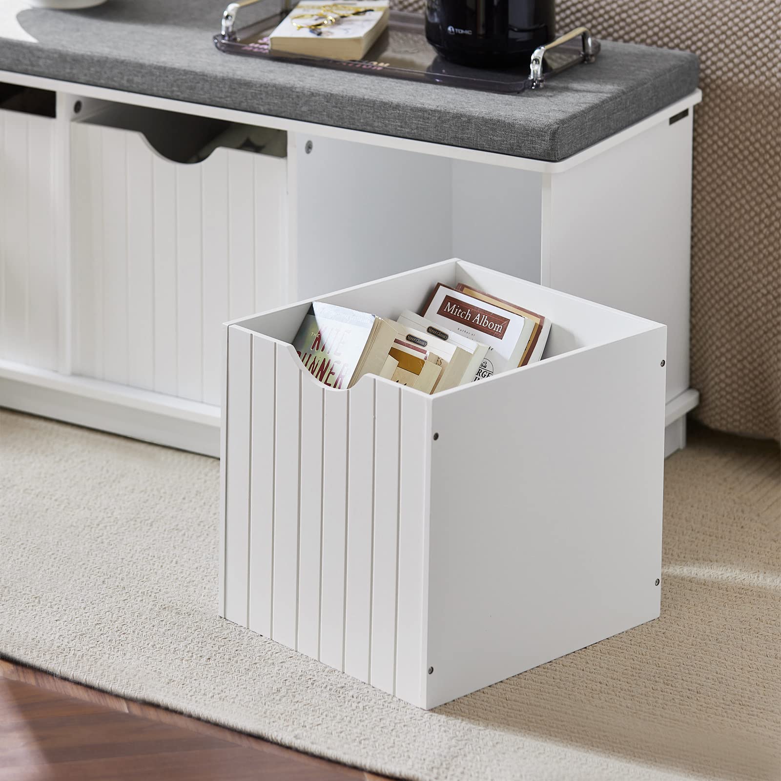 SoBuy Schuhbank mit Sitzfläche & 3 Körben 100x46x36cm für Flur | Sitzbank mit 3 Körben und verstellbarem Regal, MDF, Belastbarkeit 150kg, atmungsaktives Sitzkissen, weiß FSR30-W