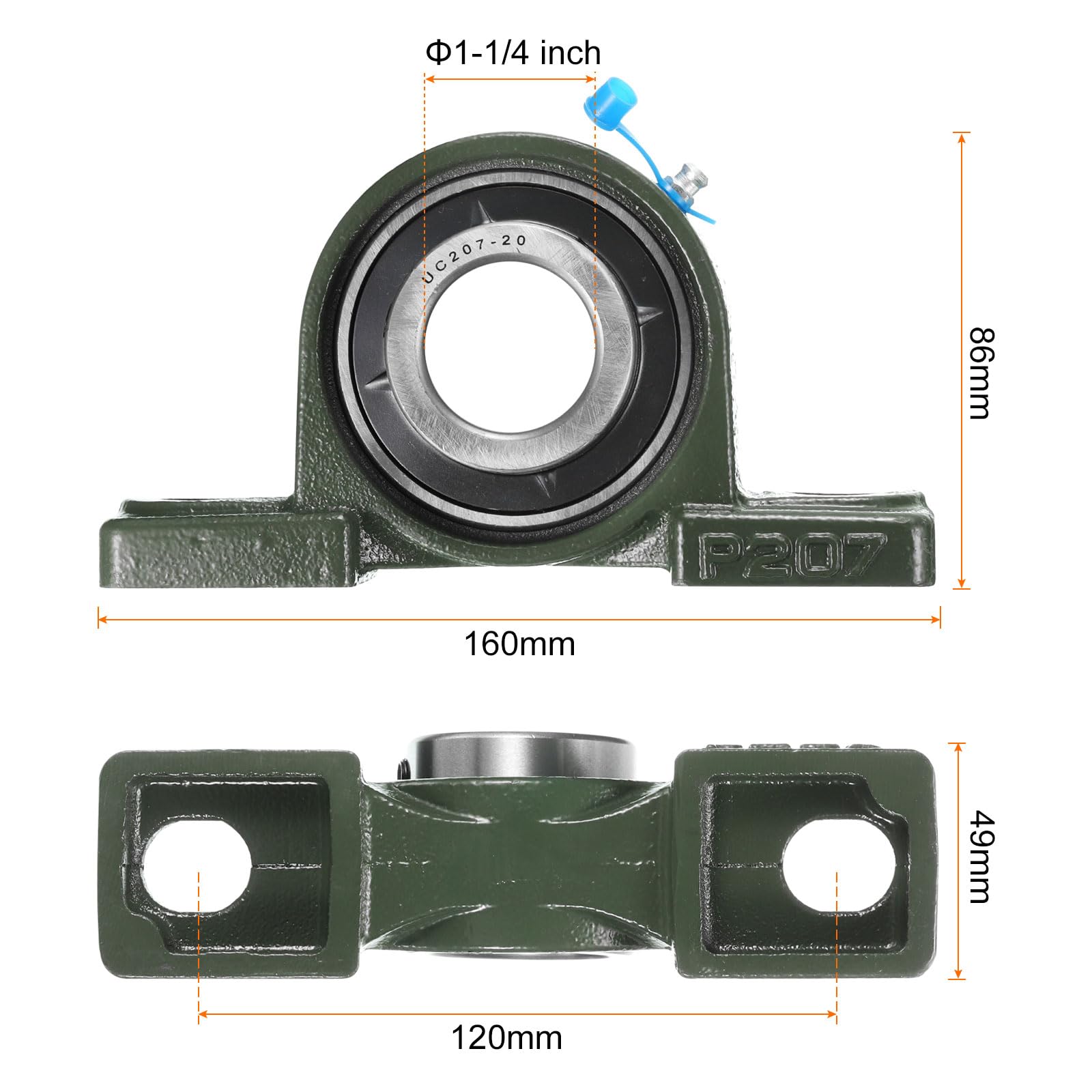 2pz UCP207-20 Cuscinetti a Blocchetto Cuscino con Foro 1-1/4 Pollici Autoallineanti, Base in Ghisa Massiccia con Cuscinetti in Acciaio al Cromo