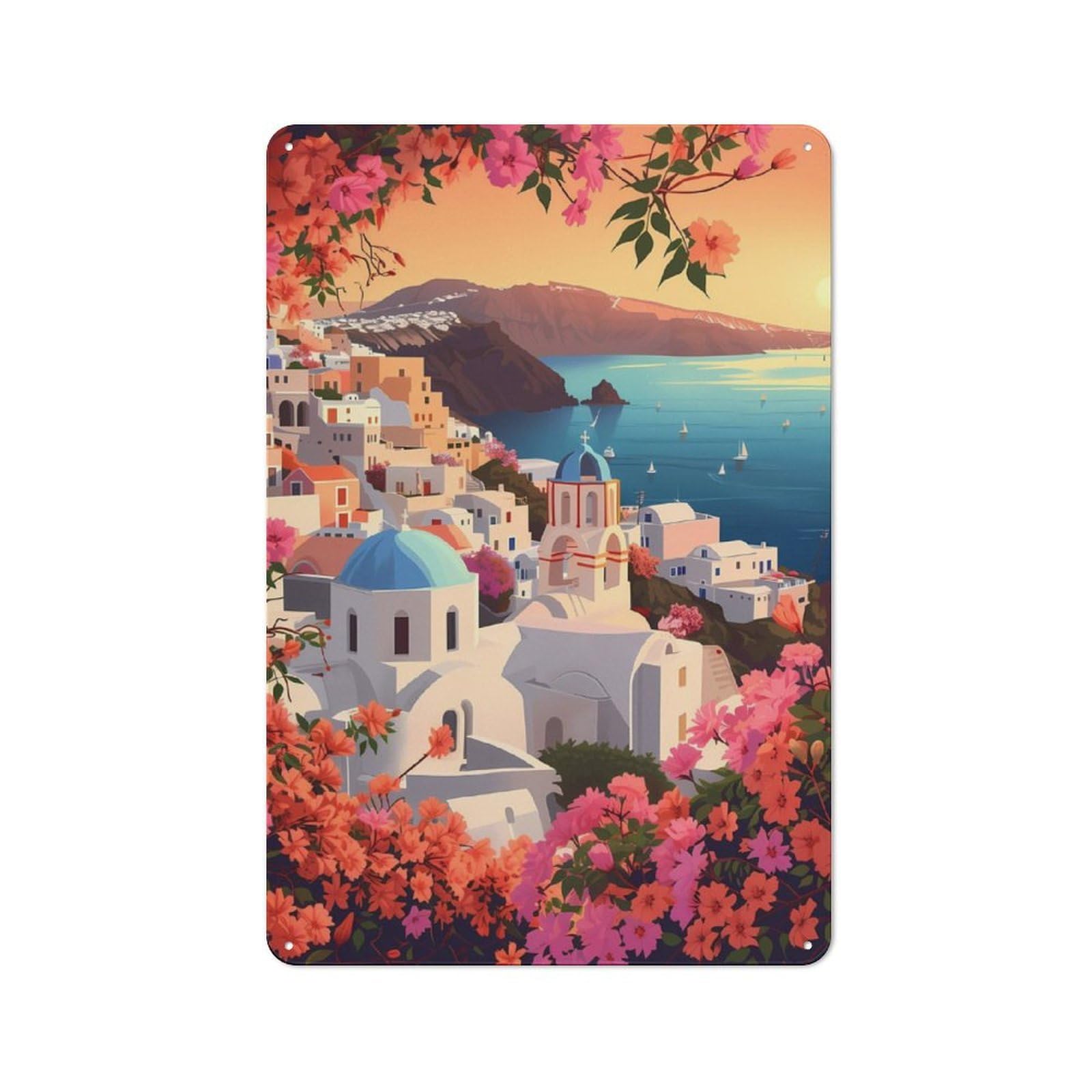 Junmoney Sunset In Santorini For Lounge Or Reading Corner, Retro Metal Plaque 30X20cm, For Vintage Wall Decor Fans, For Metal Sign Collectors