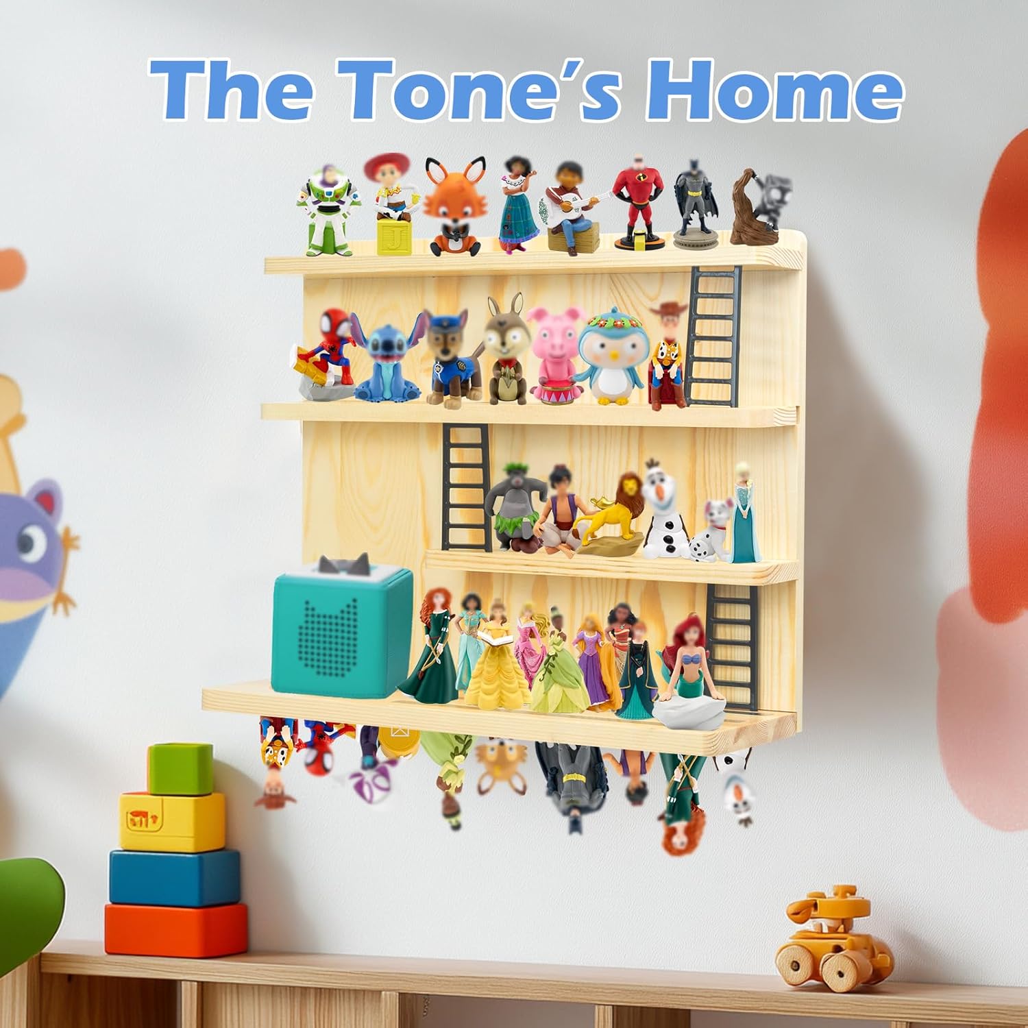 for Tonie Shelf Magnetic,for Tonie Storage Wall, Holds 50+ Characters Creative Magnetic Top & Back,Pinewood Floating Shelves,Dedicated Charging Spot for Tonebox,Figures Storage,4-Tier