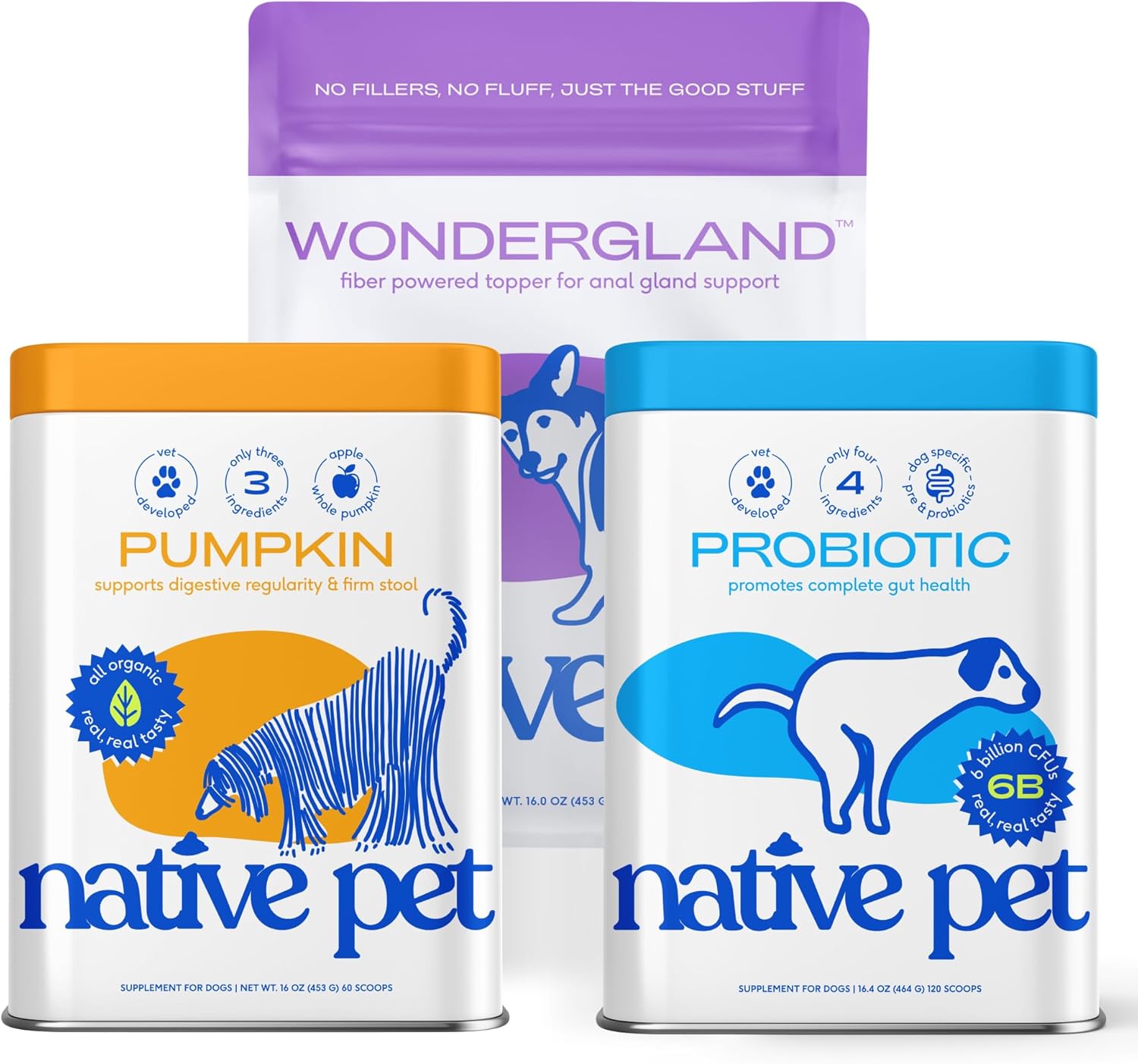 Native Pet Butt Stuff for The Big Dogs Bundle: Pumpkin Powder (60 Scoops), WonderGland Anal Gland Treatment (60 Scoops) & Probiotics Powder (120 Scoops) - Digestive & Gut Health Support