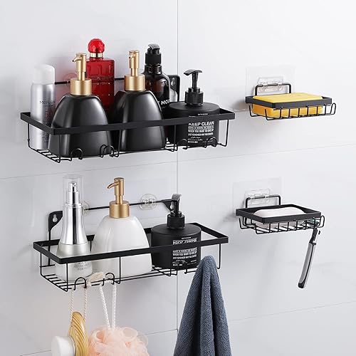 Paquete de 4 organizadores de ducha negros estantes de ducha sin taladros para ducha interior acero inoxidable negro mate