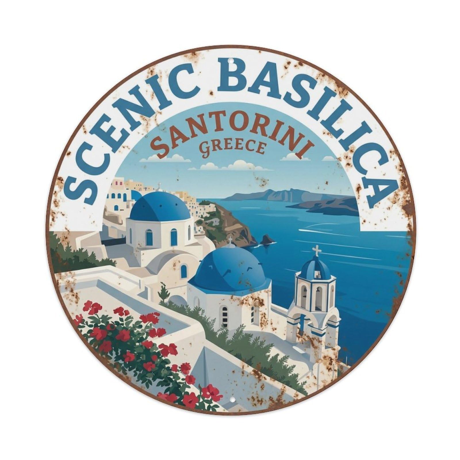 Vintage Travel Basilica Santorini Scenic Metal Tin Sign