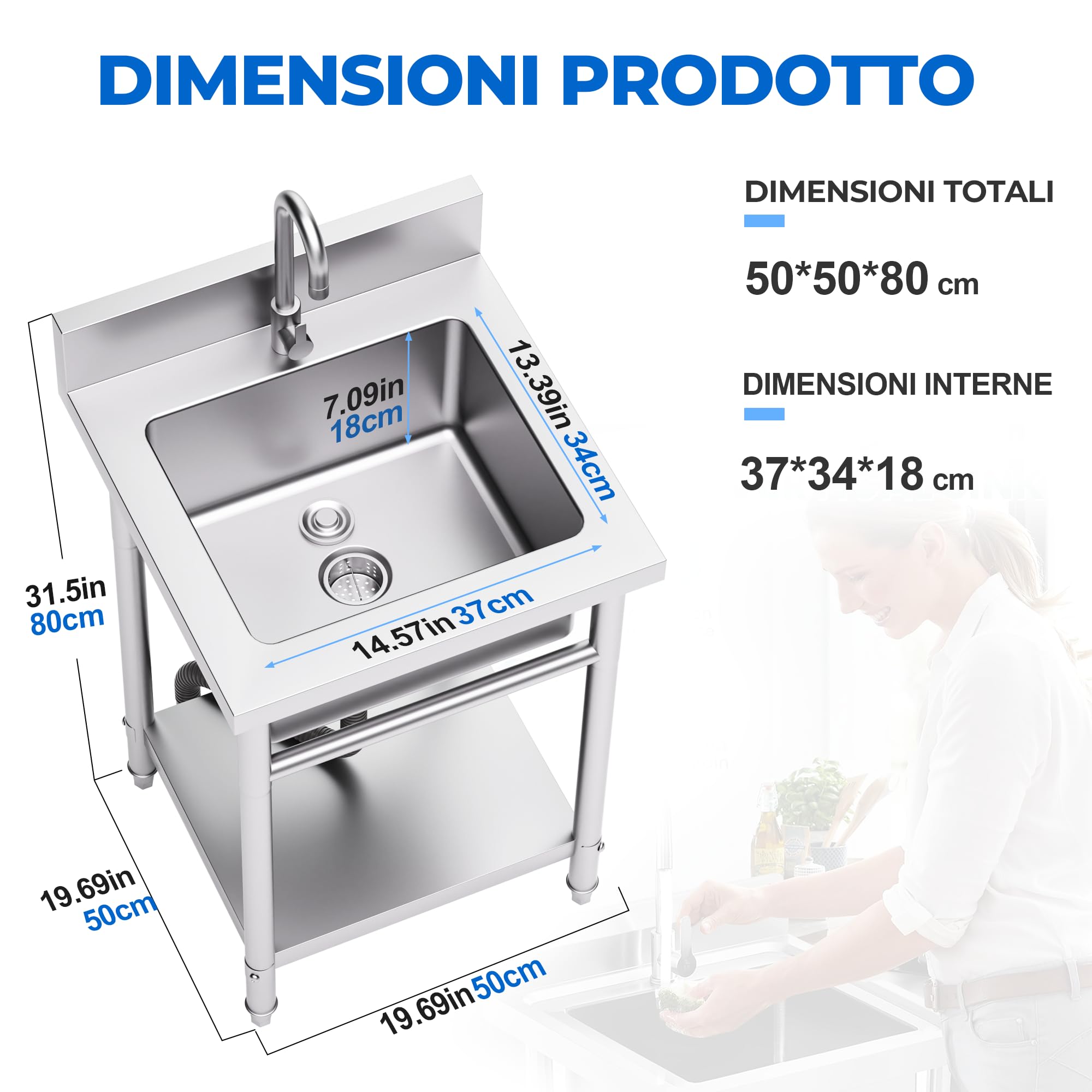 Lavandino da Esterno in Acciaio Inox 50 x 50 x 80 cm, Lavello Autoportante