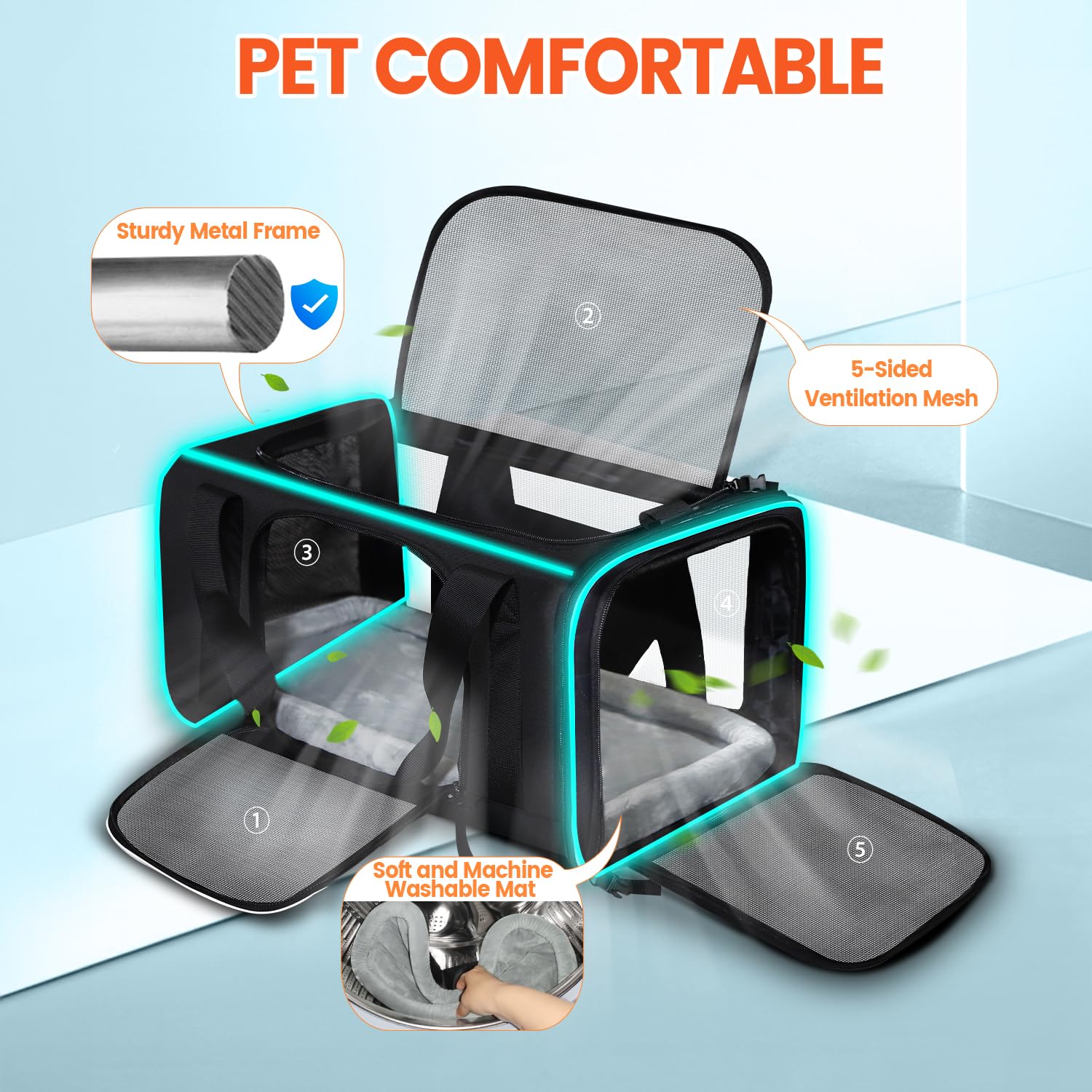 Petskd Transportador de mascotas con ruedas, aprobado por aerolíneas de Alaska, bolsa de transporte de viaje para mascotas para gatos y perros pequeños, S (negro)