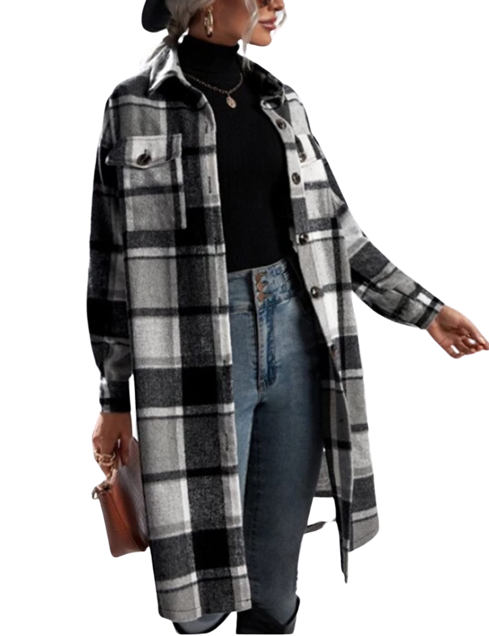 Womens Long Plaid Shirt Jacket Shacket Casual Lapel Button Down Wool Blend Tartan Trench Coat with Pockets