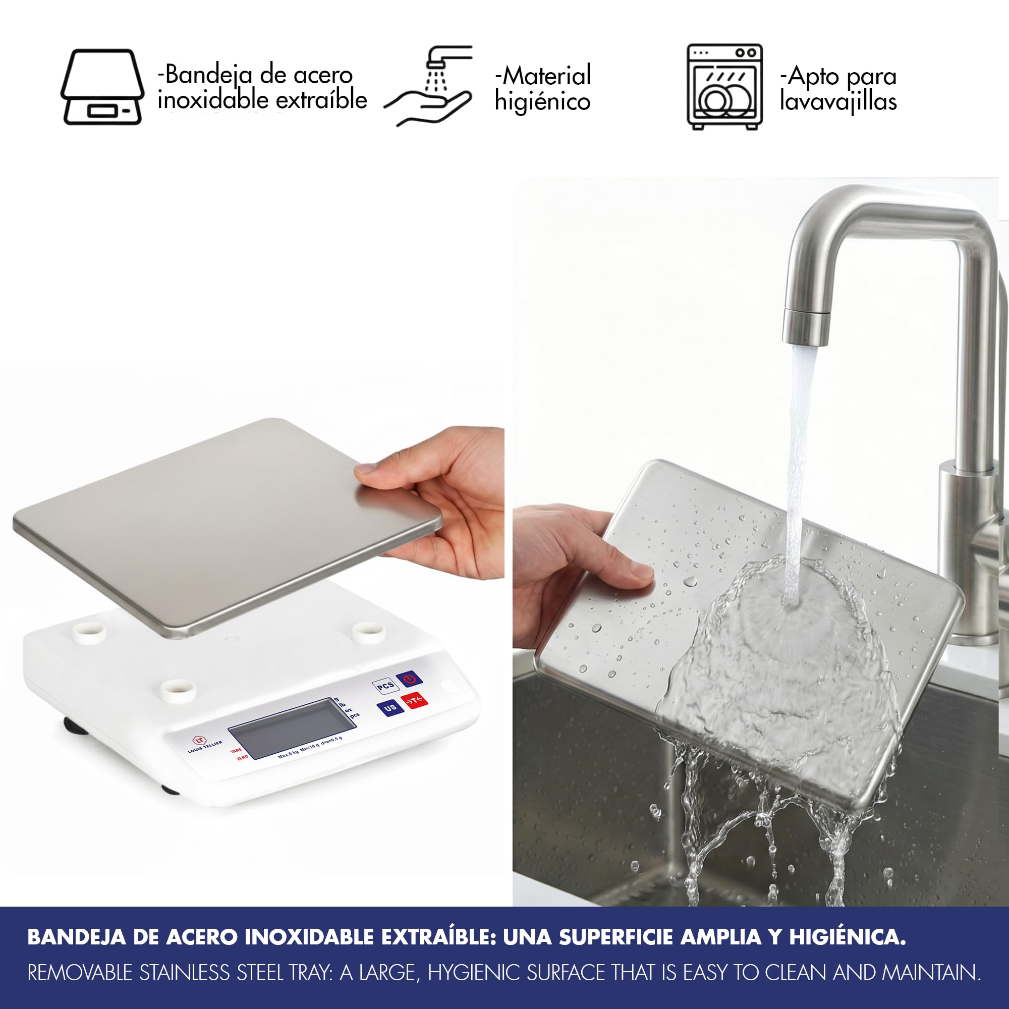 LOUIS TELLIER Báscula Electrónica Profesional 5kg IP53 Precisión 0.5g Bandeja de Báscula Extraíble Cocina Panadería 22x16.5cm