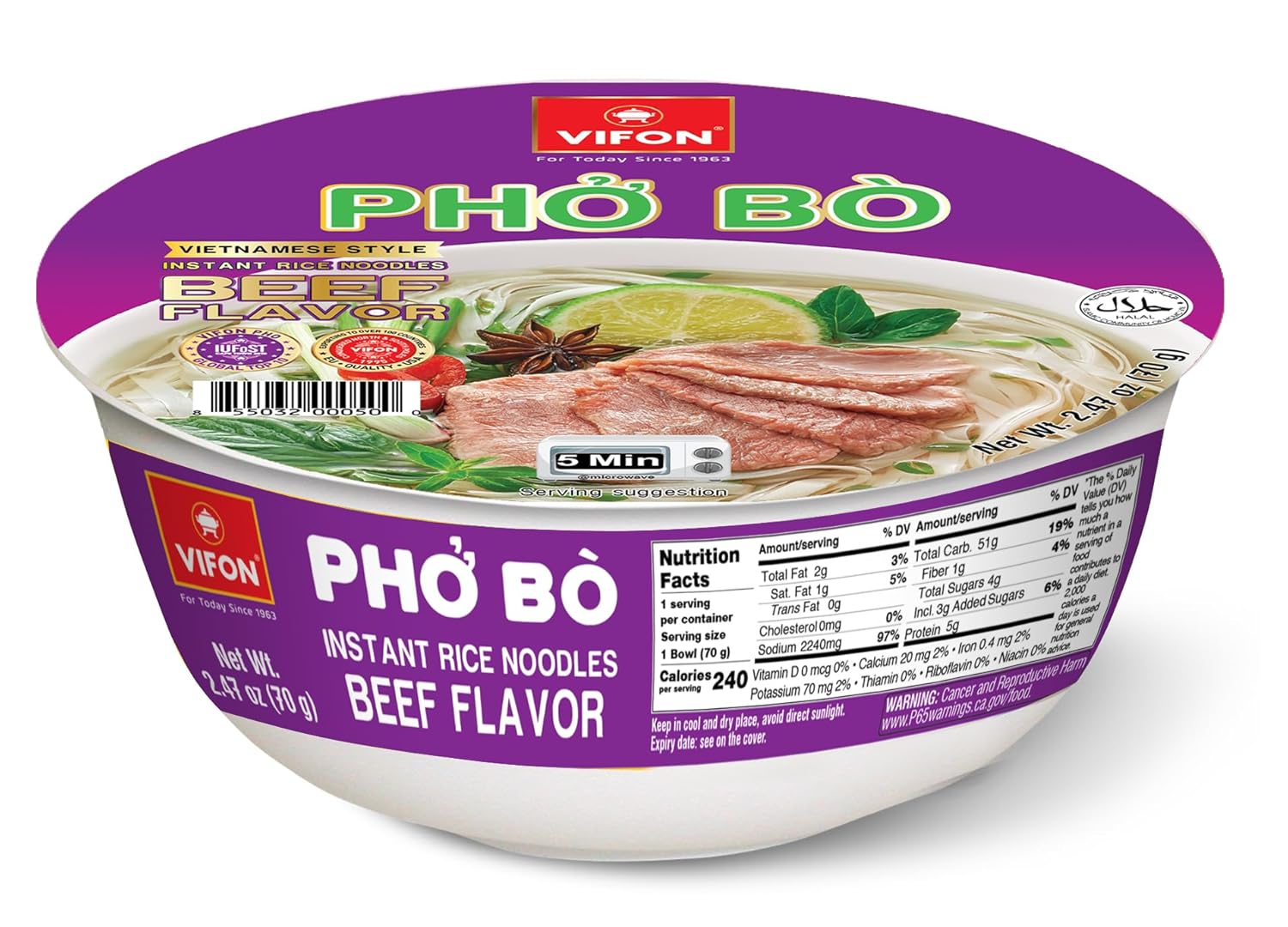 Vifon Beef Flavor Instant Rice Noodles Bowl (Pho Bo) 2.4 Oz, 12-Bowls