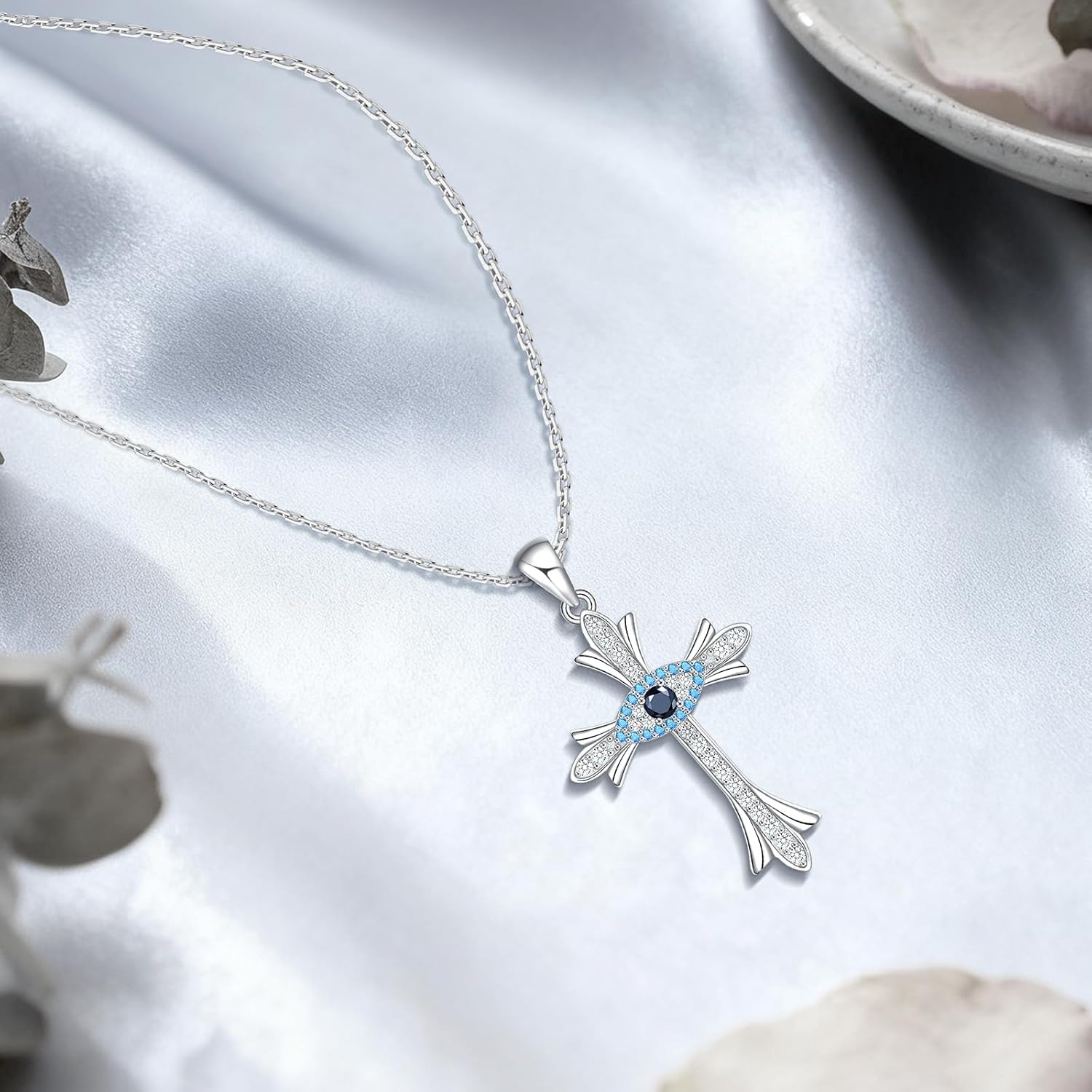 Evil Eye Cross Necklace Third Eye Protection Faith Cross Pendant Necklace Sterling Silver Gift for Women Birthday Christmas - Image 2