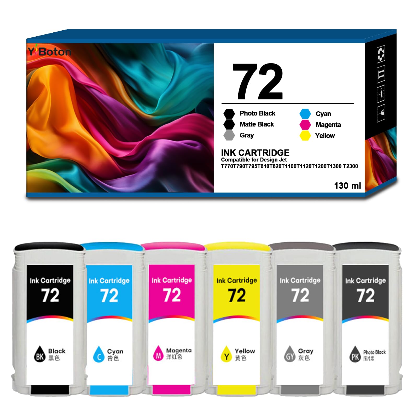 High Yield 72 Ink Cartridges 6-Pack 130ML | C9403A C9370A C9371A C9372A C9373A C9374A Replacement for T770 T790 T795 T610 T620 T1100 T1120 T1200 T1300 T2300 Printers Ink