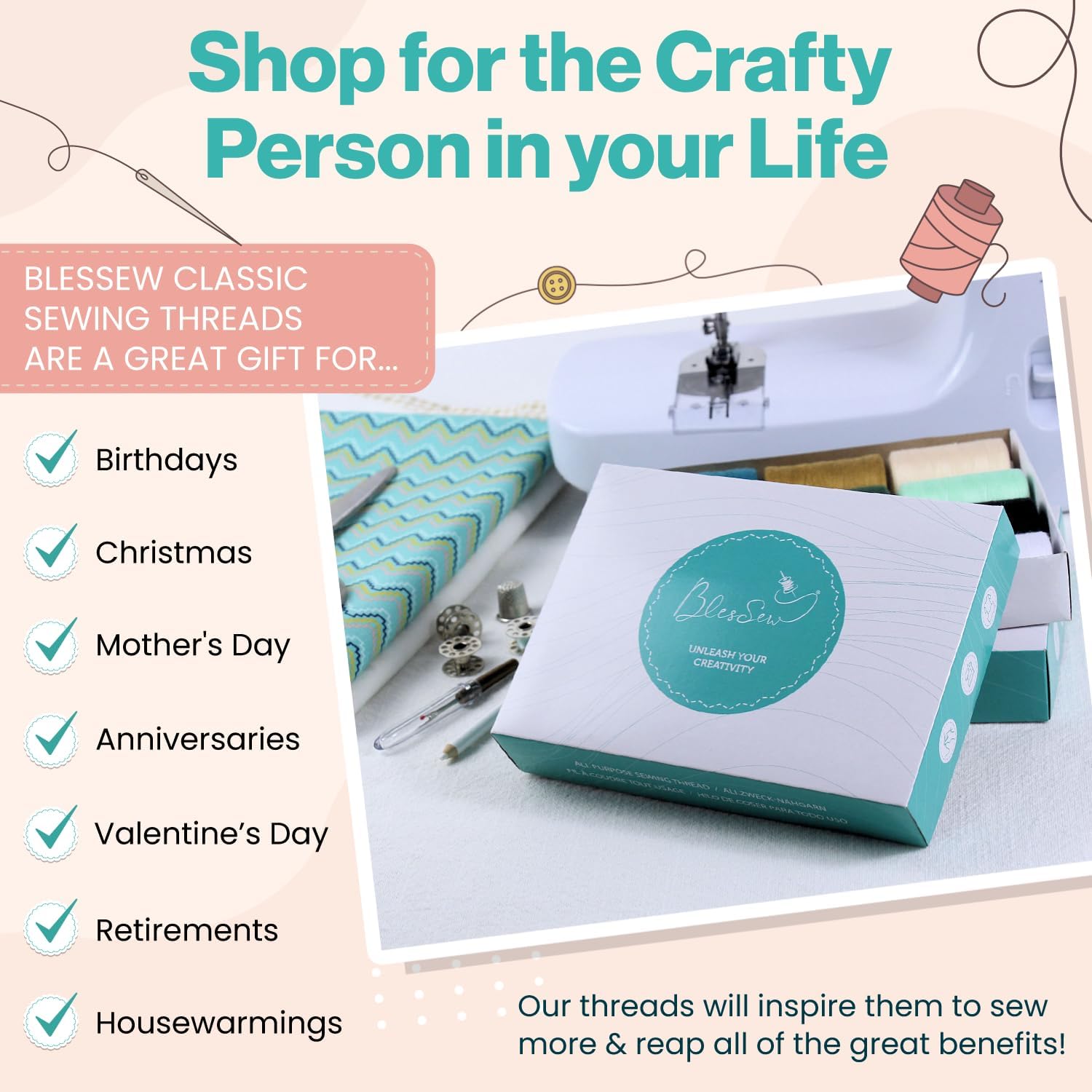 BlesSew Sewing Machine Thread – 24 Spools, 1000 Yards Each – All Purpose Polyester Thread Set, 22 Colors + Black & White – Thread for Sewing Machine, Ideal for Beginners, Quilting & Repairs