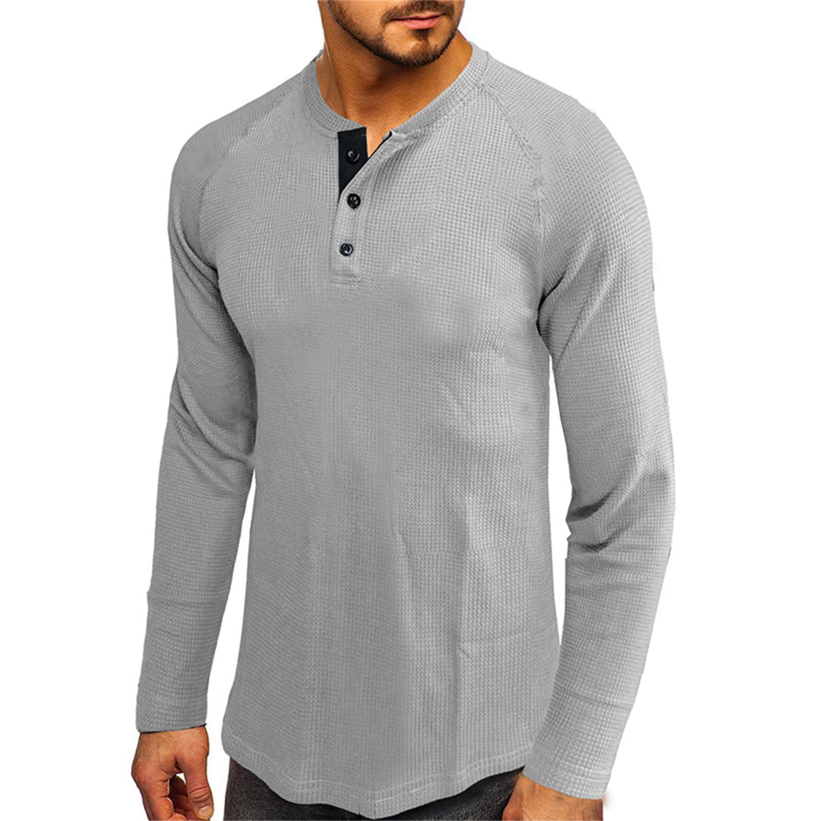 Men's Henley Shirt Long Sleeve Waffle Thermal Underwear Henley Top Casual Slim Fit Lightweight 3 Button T Shirts (Grey1,Large)