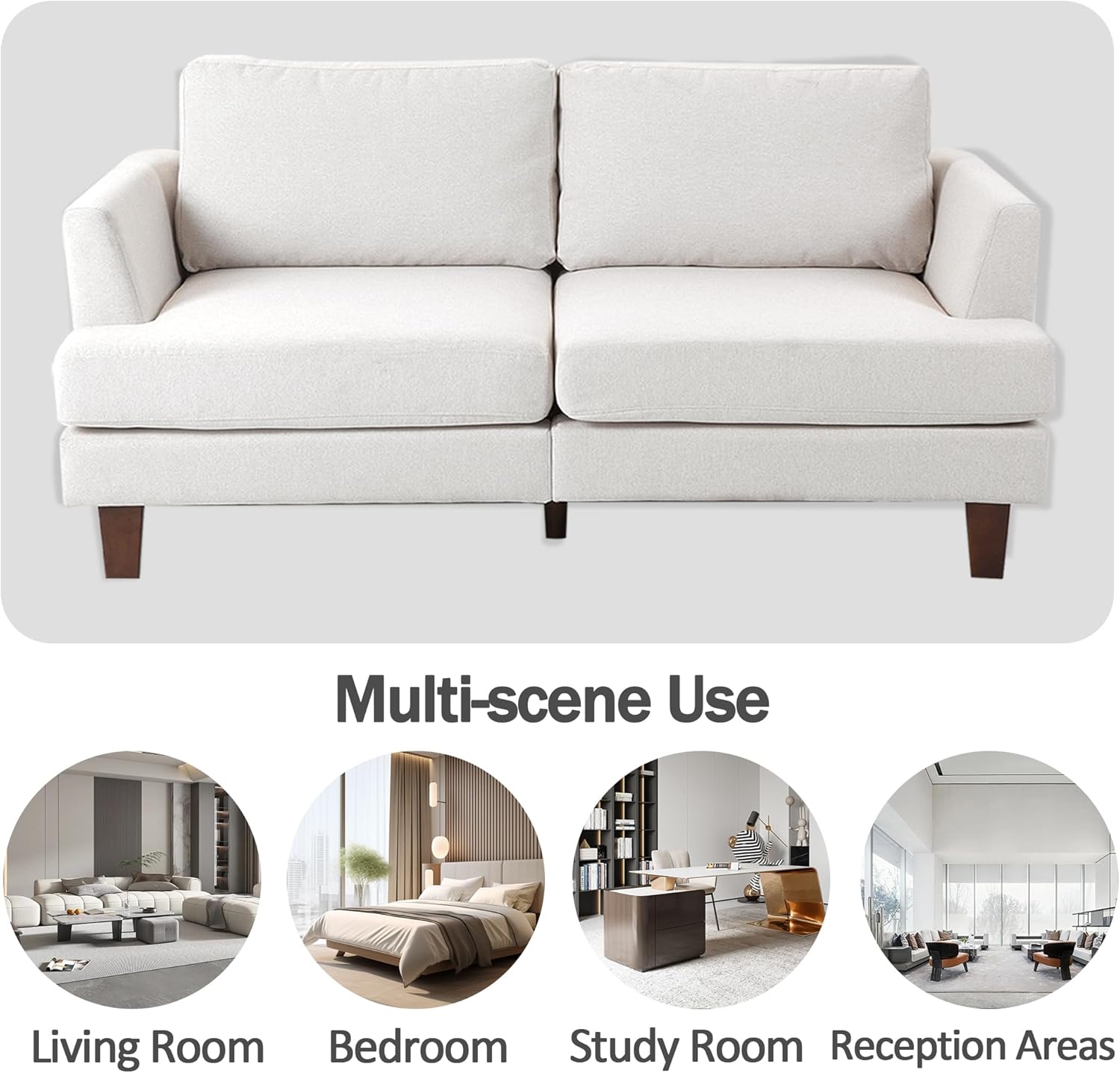 65" W Loveseat Sofa, Mid Century Modern Couches for Living Room, Small Couch Linen Fabric for Bedroom, 2 Seat Love Seat Sofa with Solid Wood Legs, Beige