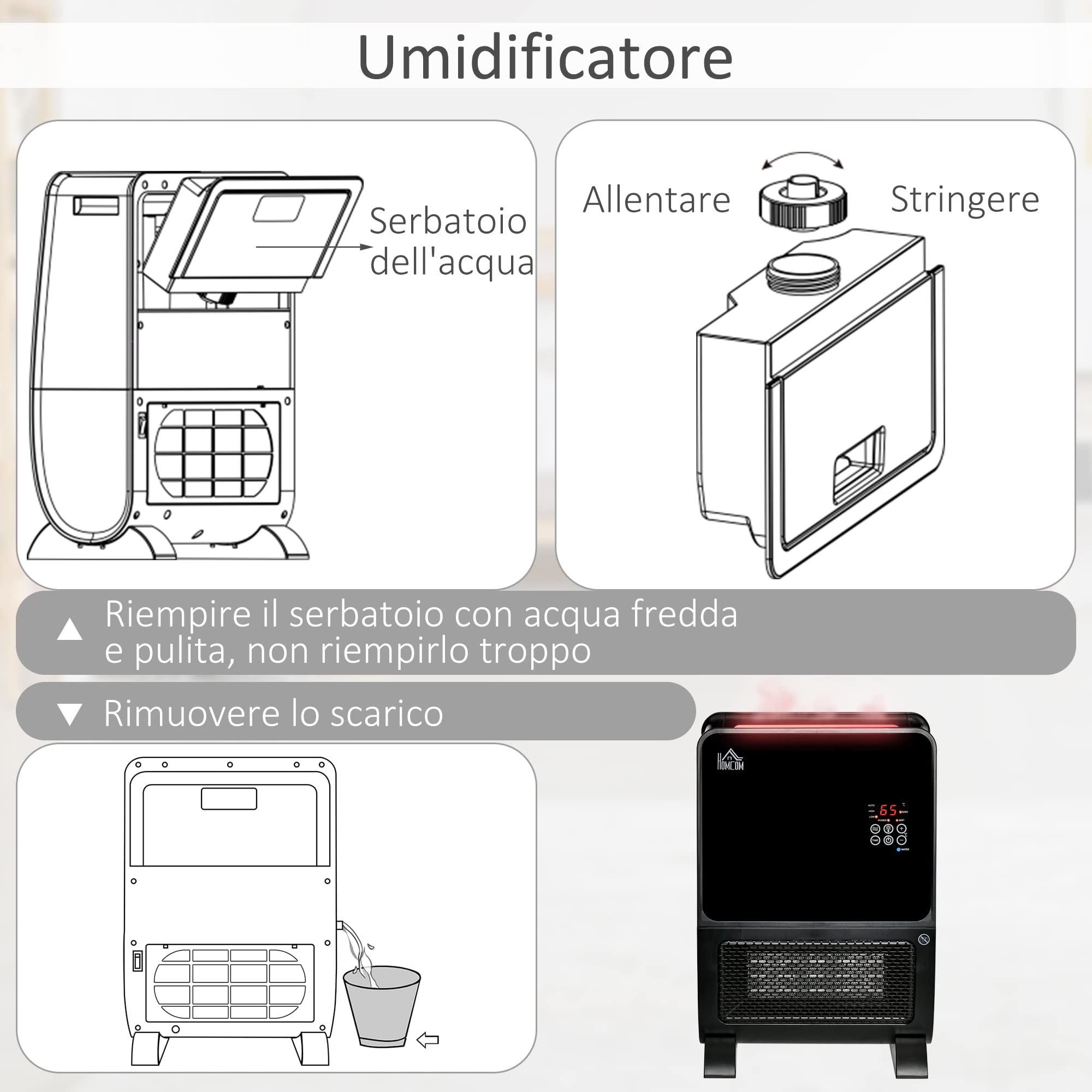 HOMCOM Stufa Elettrica 2 in 1 con Umidificatore LED 33x21x49.5cm Nero