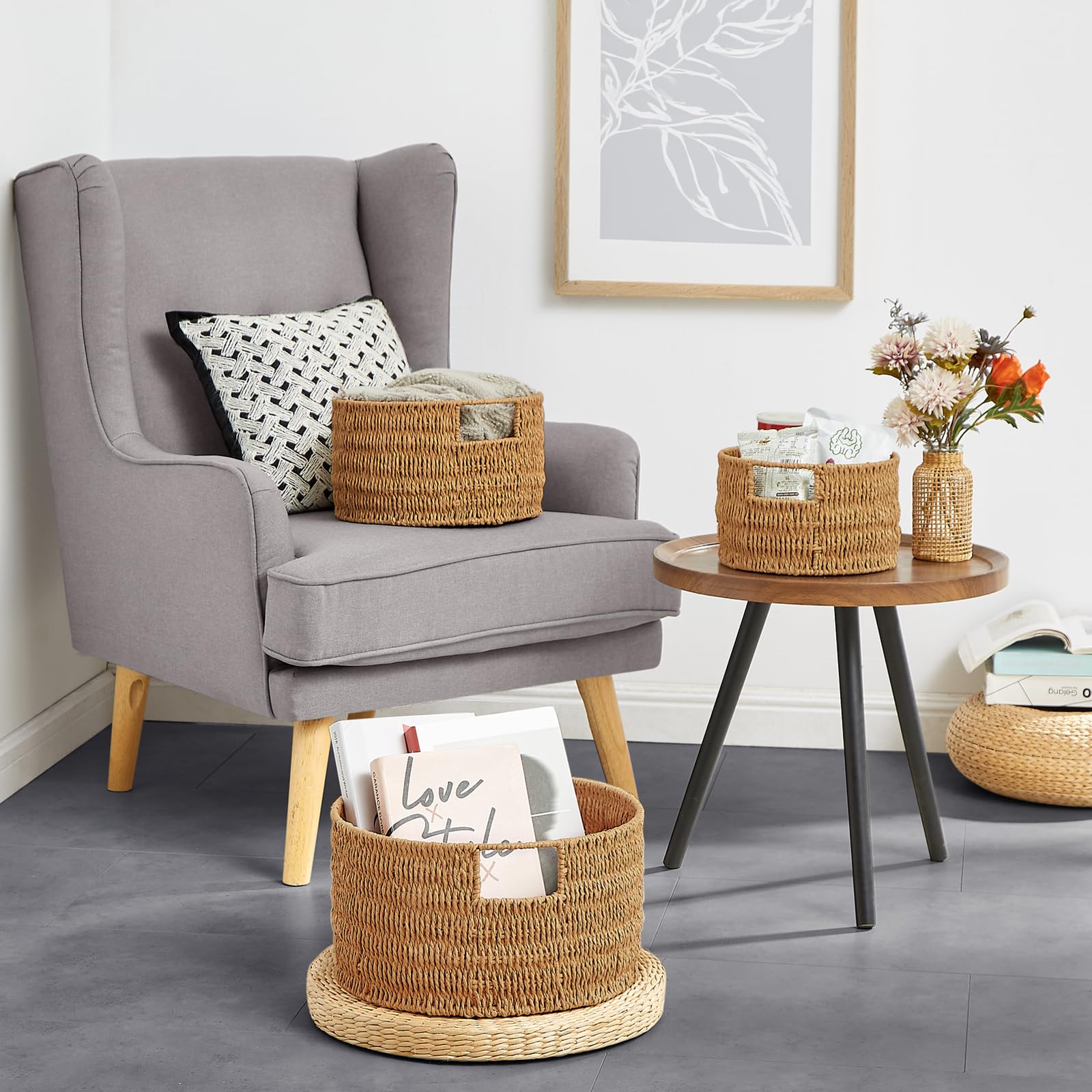 Vagusicc Aufbewahrungskorb rund 3er Set, Decorasian Korb Aufbewahrung mit Holzgriffen, Geschenkkorb leer aus Recyclebarem Papierseil für Schlafzimmer, Badezimmer, Wohnzimmer, Jute