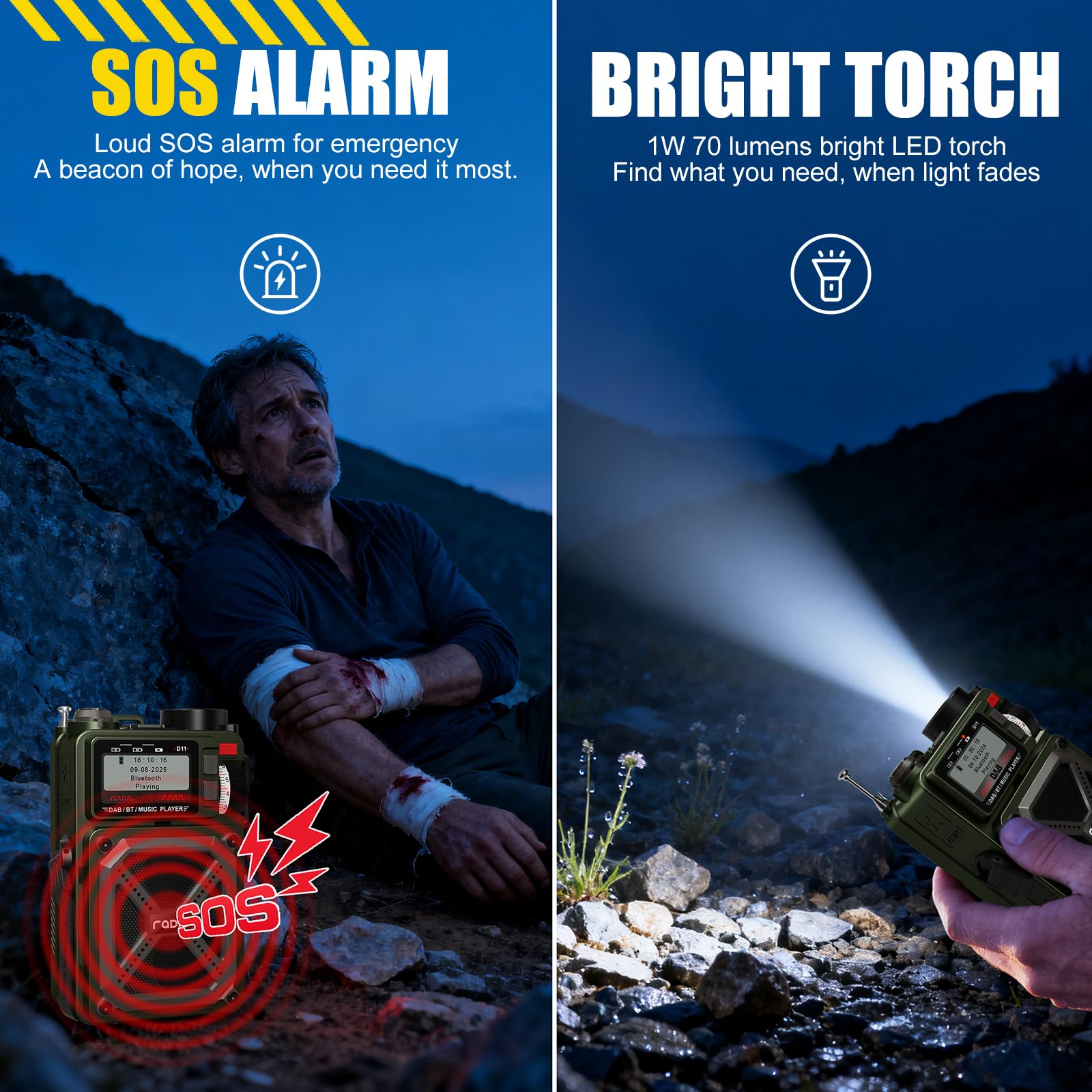 Radio DAB e FM portatile con Bluetooth 5.3, radio solare, batteria ricaricabile da 4000 mAh, radio a manovella con SOS, torcia, jack per auricolari, scheda SD, USB, radio a carica di emergenza