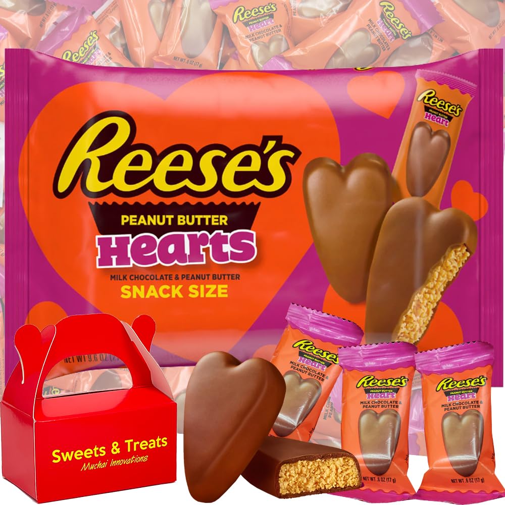 Valentines Day Hearts Shaped Candy | Hershey Reese Peanut Butter Milk Chocolate - Snack Size | for Deco Basket Stuffer Party Favor Treat Gift Classroom Exchange - Muchai Box Included (Yummy Love