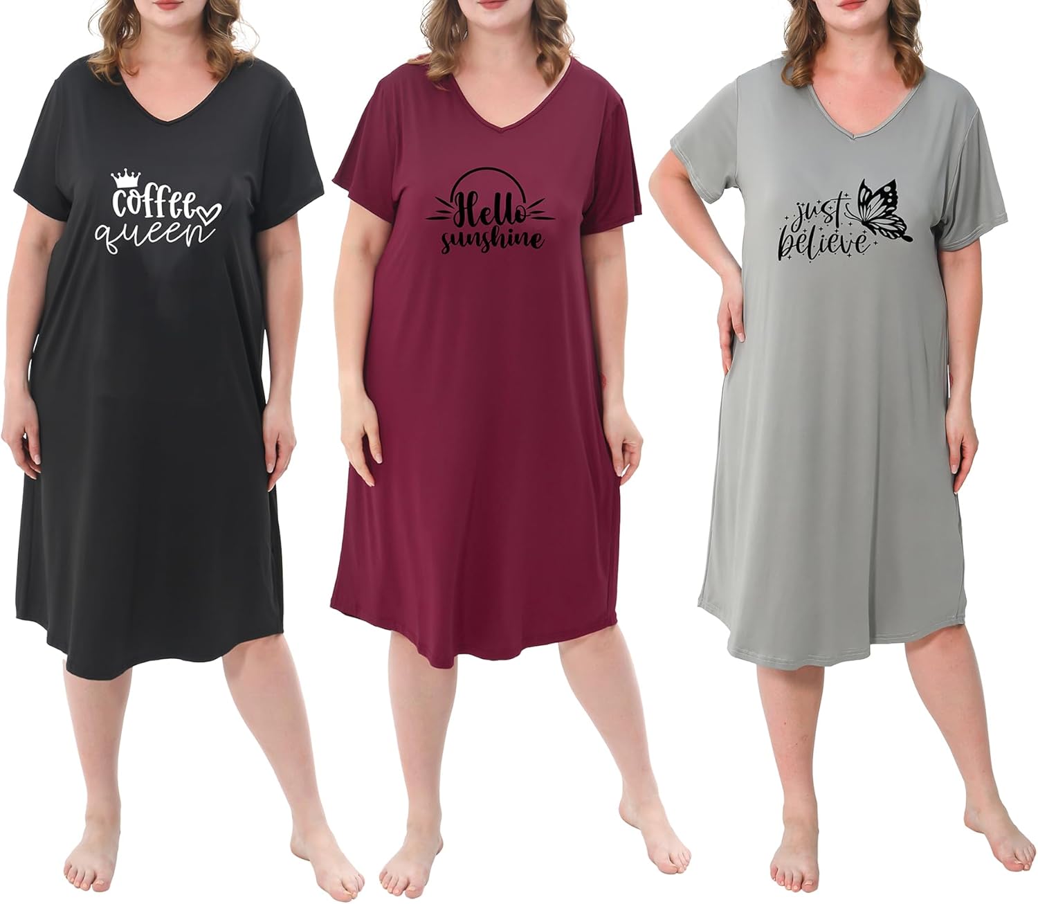 FEREMO 3 Pack Plus Size Nightgowns V Neck Nightshirts Short Sleeve Printed Sleepwear Soft Loungewear for Women