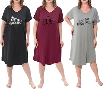 3 Pack Plus Size Nightgowns V Neck Nightshirts Short Sleeve Printed Sleepwear Soft Loungewear for Women