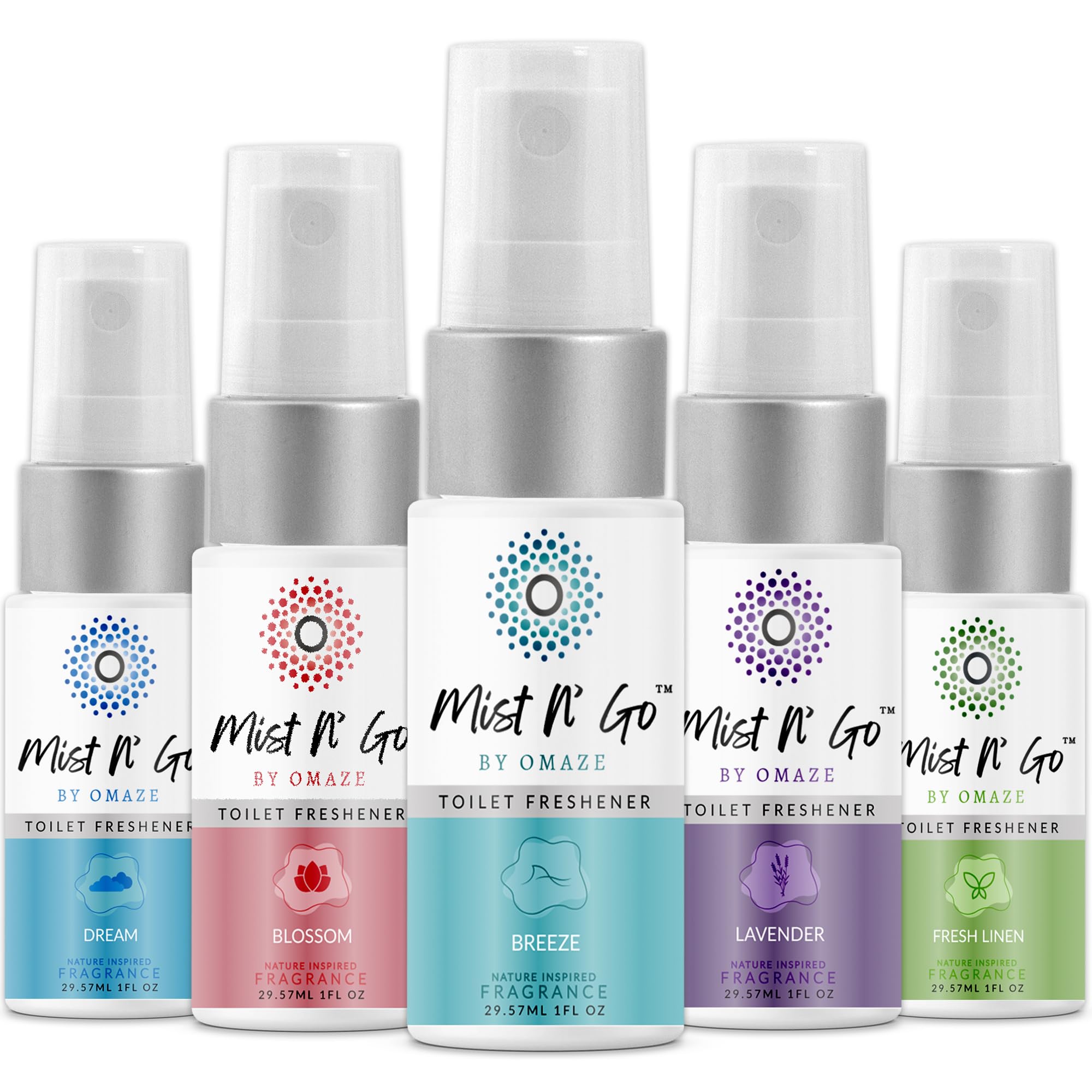 Mist N’ Go by Omaze Travel Bathroom Spray for Toilet Spray Odor Eliminator - Travel Toilet Spray for Bathroom Air Freshener Spray for Bathroom Deodorizer - Mix All, Travel Size (1oz x5)