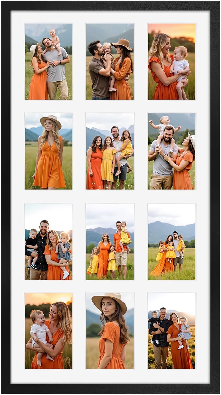 12 Opening Collage Picture Frame 4x6, Black Photo Frame Collage Display Multiple 4 by 6 inch Photos with Mat for Wall Black 12 Openings-Metal-1 Pack