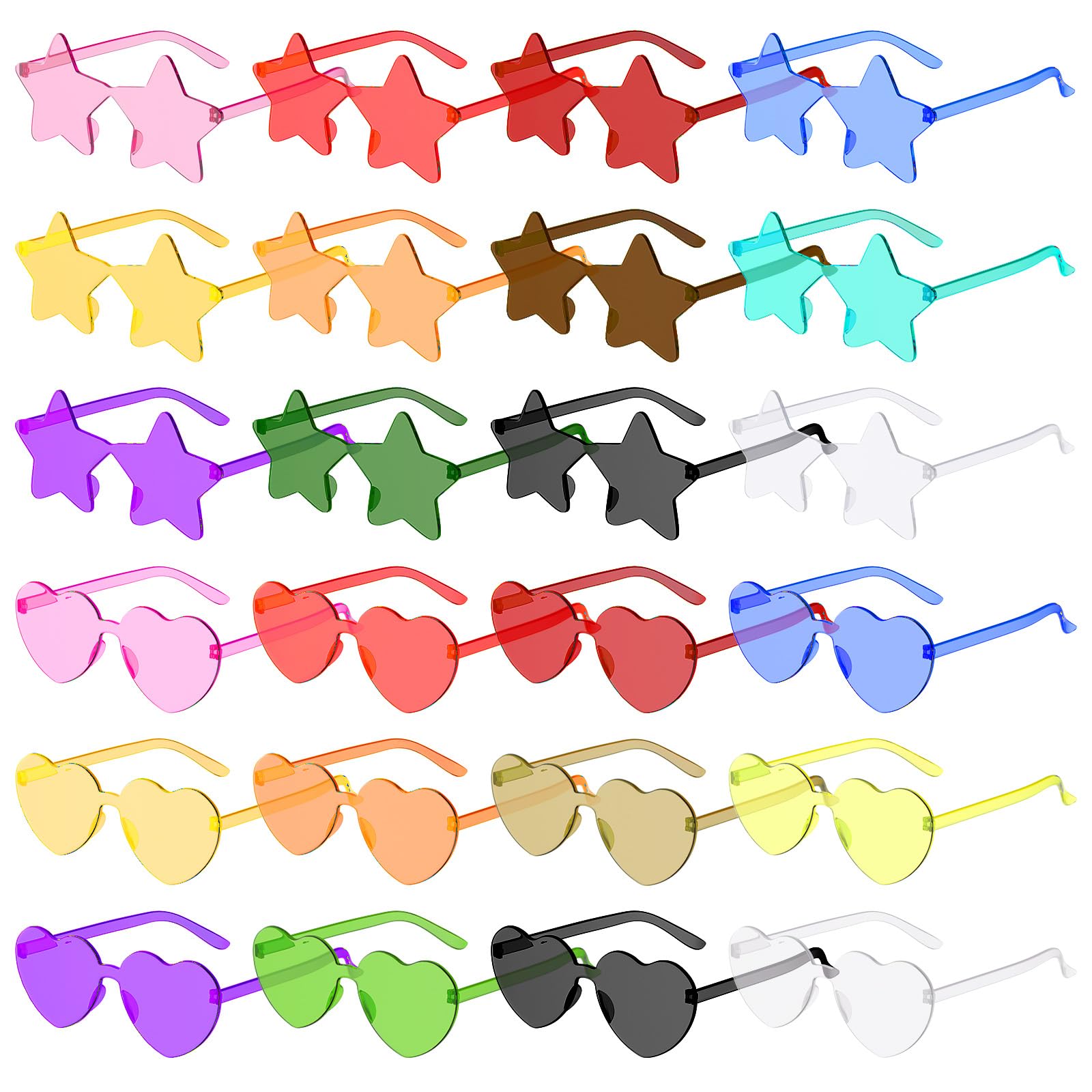 Ovneele 24 Pairs Heart Sunglasses Star Shaped Sunglass Party Glasses for Kids Adults, Colorful Rimless Sunglasses, Bachelorette Party Accessories Photo Booth Props Hen Party Festival Glass