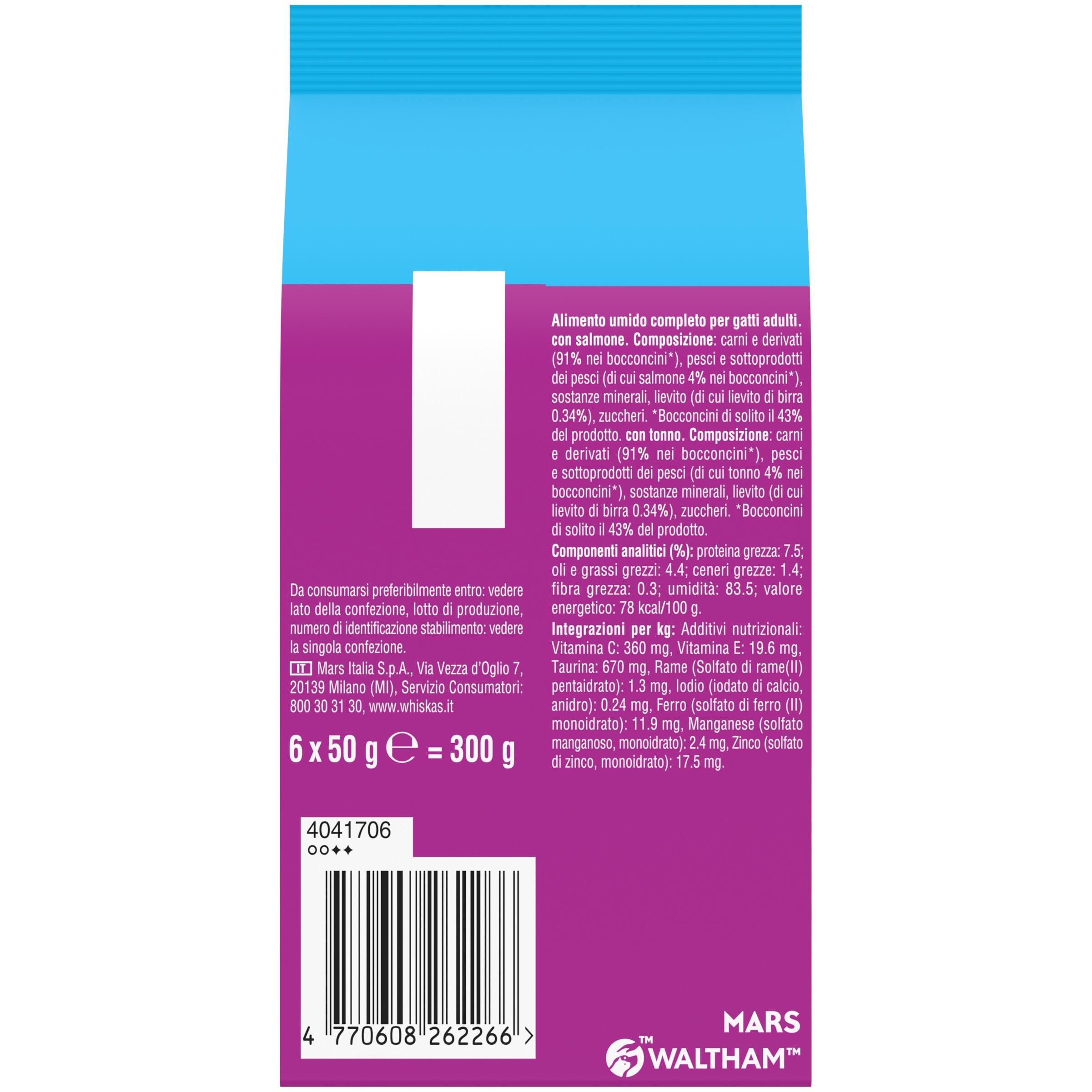 Whiskas Pranzetti Selezione di Pesce 1+ Adulto, Cibo Umido per Gatto, 12 Confezioni ognuna da 6 bustine x 50g (72 Pezzi in Totale)