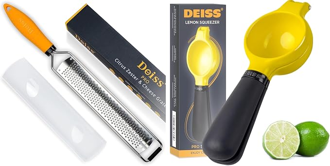 Deiss PRO Lemon Zester & Heavy Duty Cheese Grater & Vegetable Grater and Deiss Pro Heavy-Duty Metal Lemon Squeezer - Max Juice Extraction Hand Juicer, Easy Clean Lime Squeezer