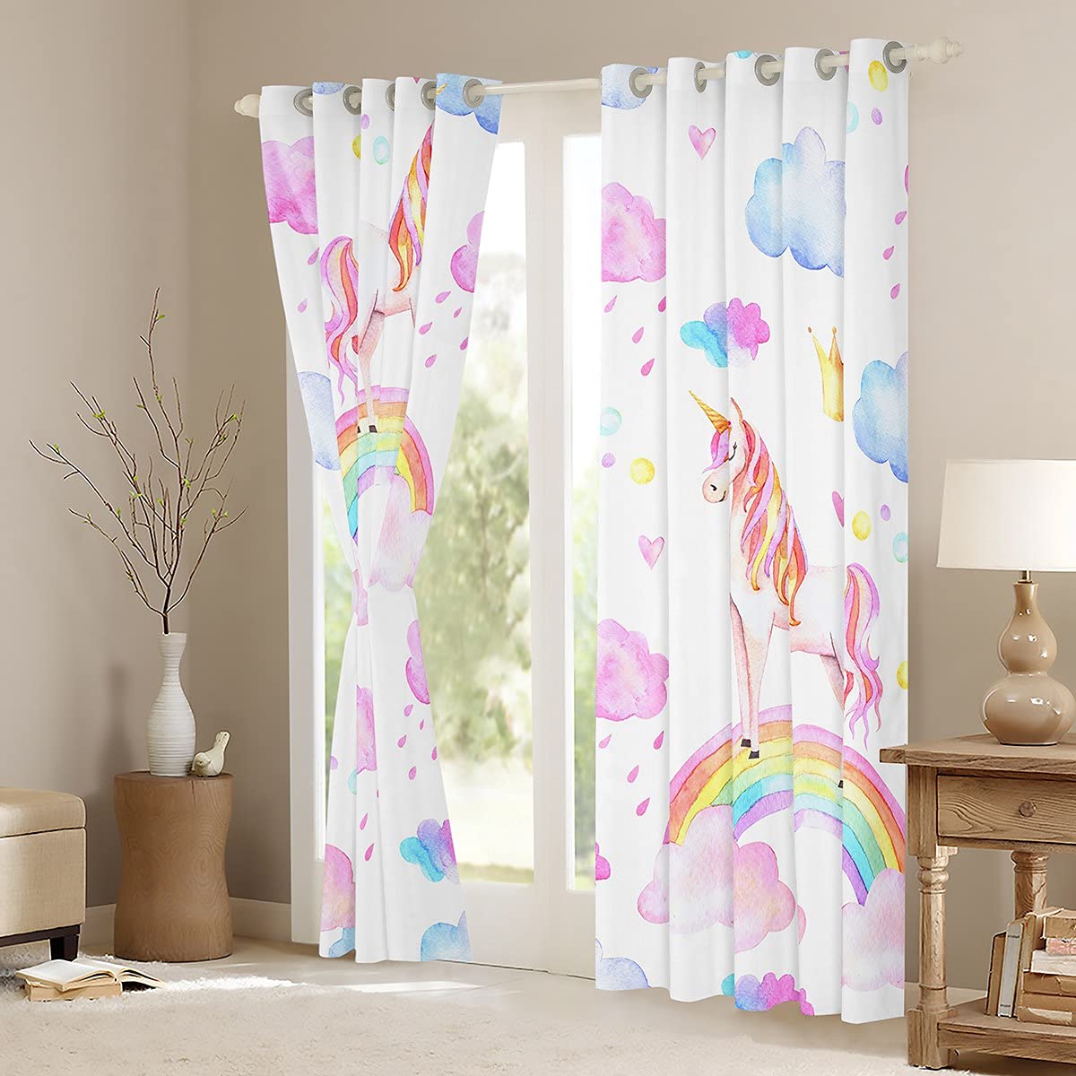 Loussiesd Rainbow Unicorn Window Treatments Kids Girls Curtain for Boys Girls Teens Decor Modern Cartoon Horse Window Drapes Pink Cute Unicorn Window Curtain W46*L54 - Image 3