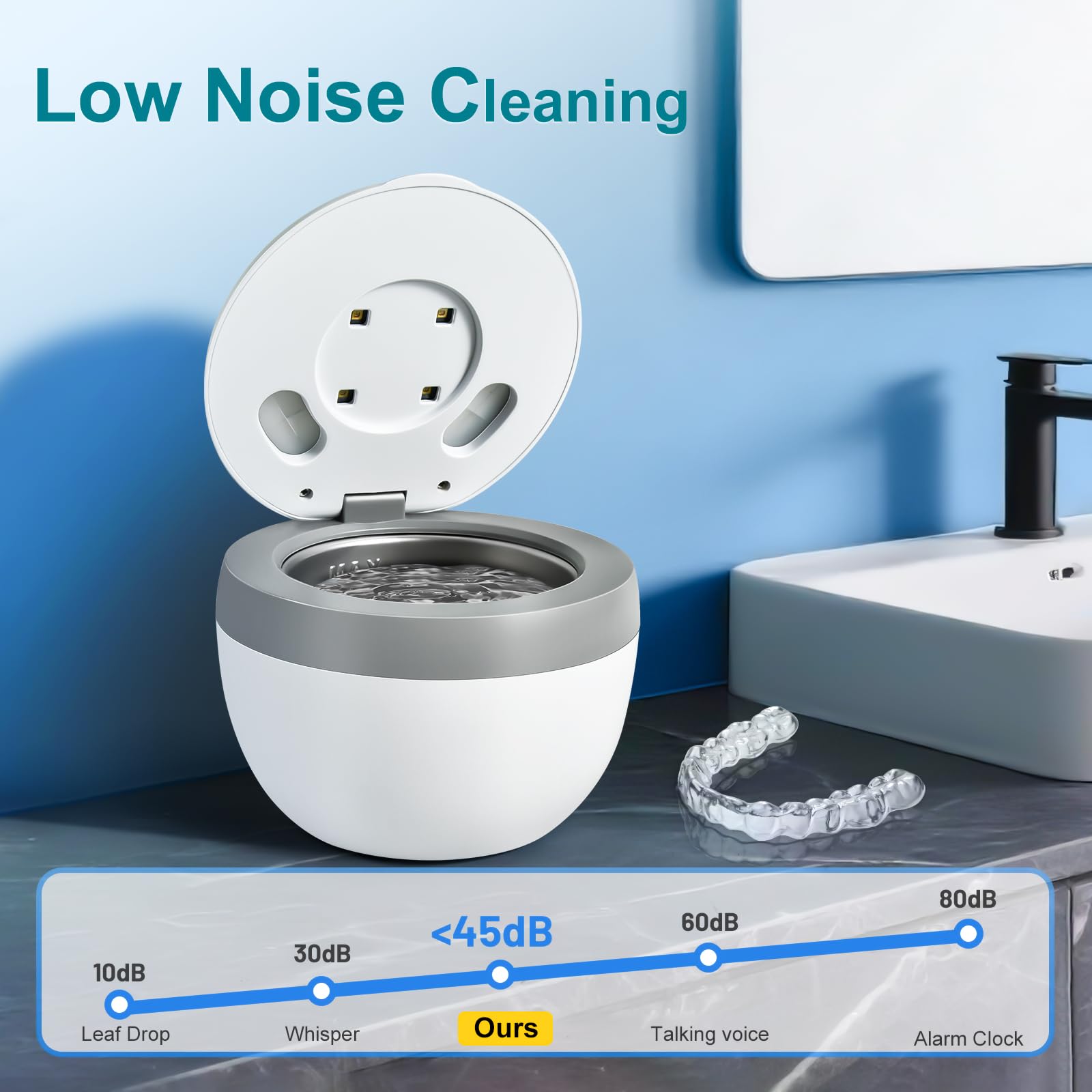 Máquina limpiadora de retenedores ultrasónicos, 45 kHz, 200 ml, cápsula de limpieza dental con 4 modos de lavado, temporizador digital para limpiador de dentaduras, alineadores, protectores