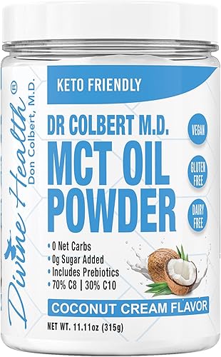 Dr. Colbert's Keto Zone MCT Aceite en polvo  Sabor a chocolate holandés  70 % C8  30% C10  Totalmente natural aprobado para cetosis  0 carbohidratos