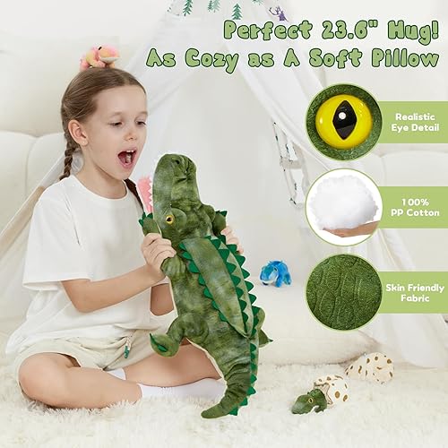 Vista 147 de Juego de 7 juguetes de peluche de dragón verde gigante de 21.7 pulgadas, animal de peluche con 4 bebés y 2 huevos, dinosaurios de peluche para niños