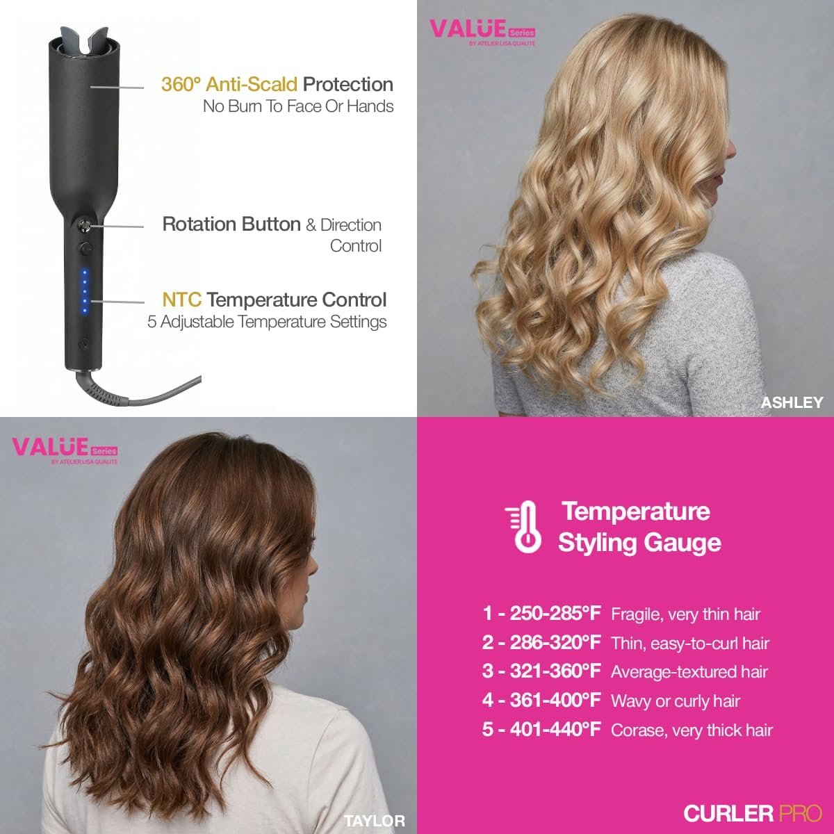Easy Curl Automatic Curling Iron - Curler Pro Long Barrel, Beach Wave Curler | Curly Hair Products: Hair Curler Automatic Rotating Curling Wand 1 1/4 Inch | Value Series By Atelier Lisa Qualite