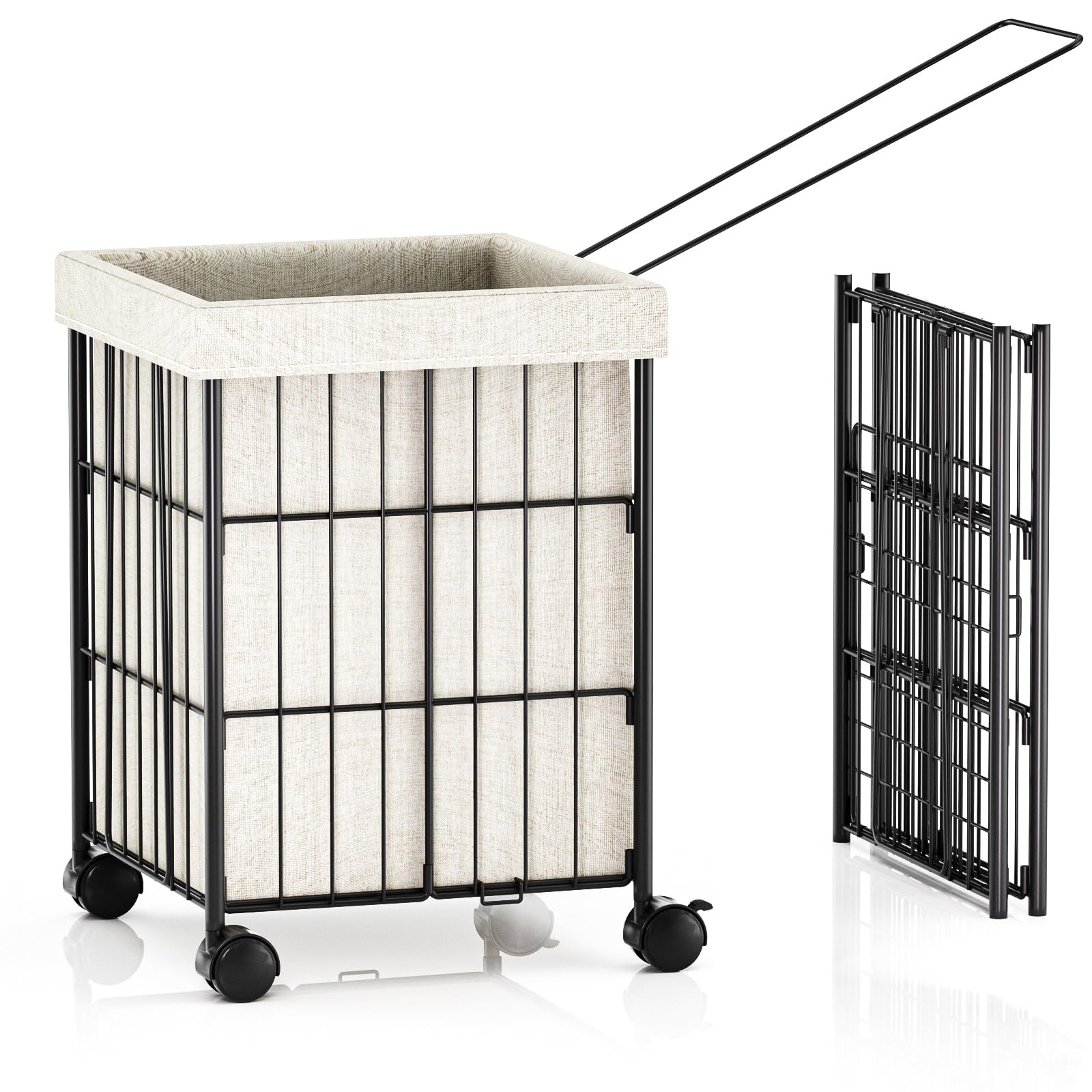 FIROK Collapsible Rolling Laundry Basket with Wheels - 45L Durable Metal Frame Hamper for Dorm, Bedroom & Laundry Room | Space-Saving Design with Removable Liner Bag, Easy-Carry Handles - Sleek Black