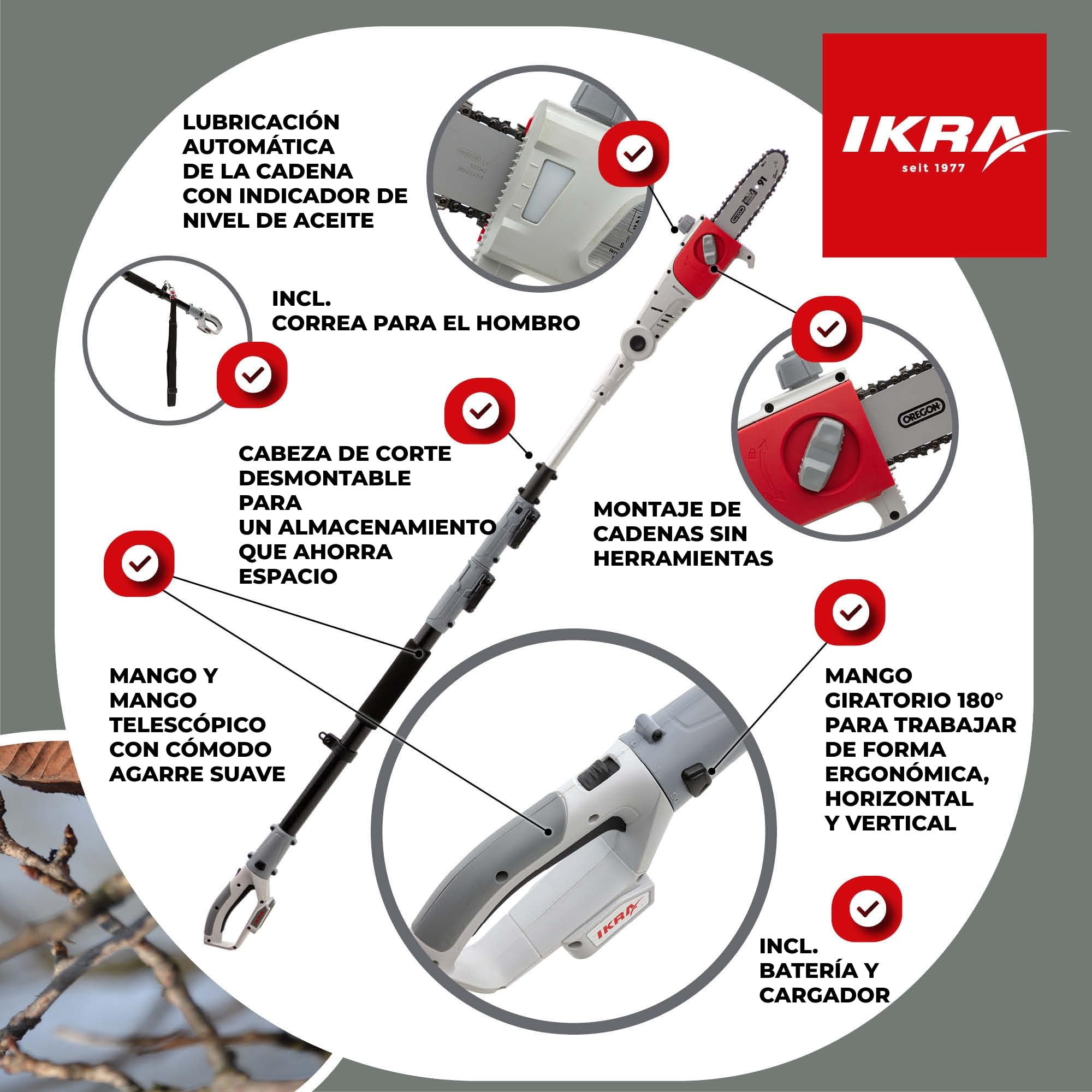 IKRA podadora de altura sierra telescópica a batería ICPS 2020, alcance 4m, duración 40 min.