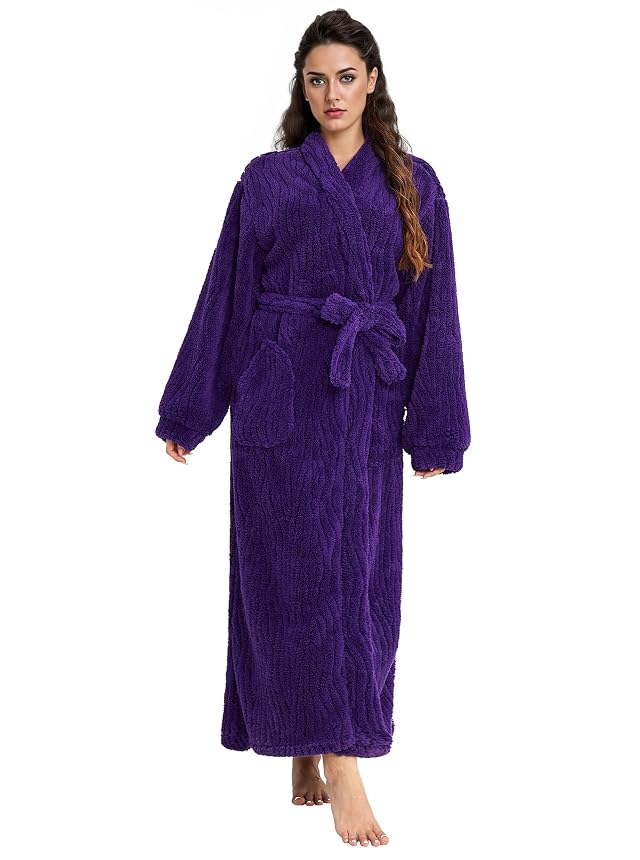 Artfasion Womens Long Fleece Robe - Warm Soft Floor Length Flannel Bathrobes for Winter Thicker Long House Coat