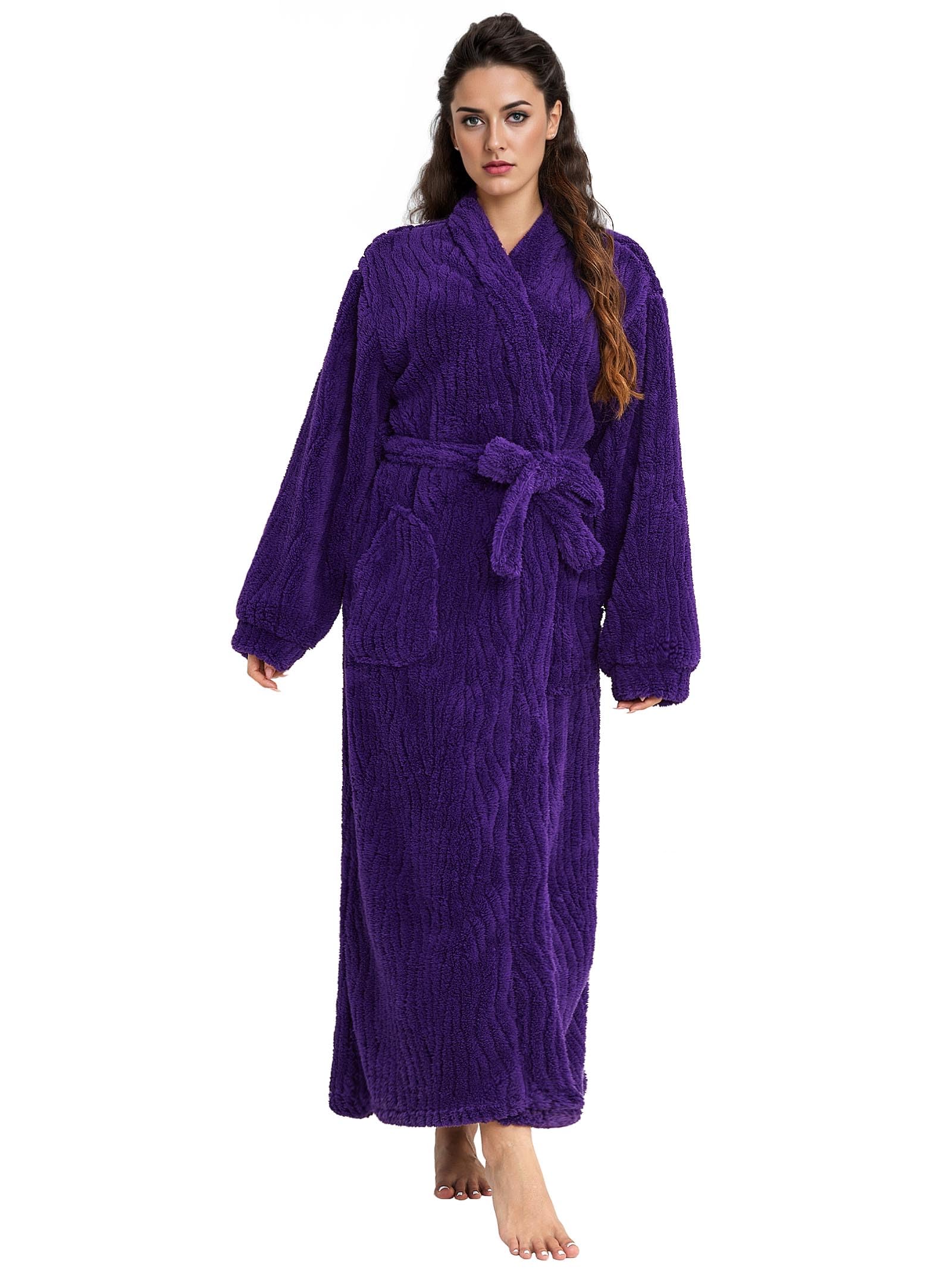 Artfasion Womens Long Fleece Robe - Warm Soft Floor Length Flannel Bathrobes for Winter Thicker Long House Coat with Pockets