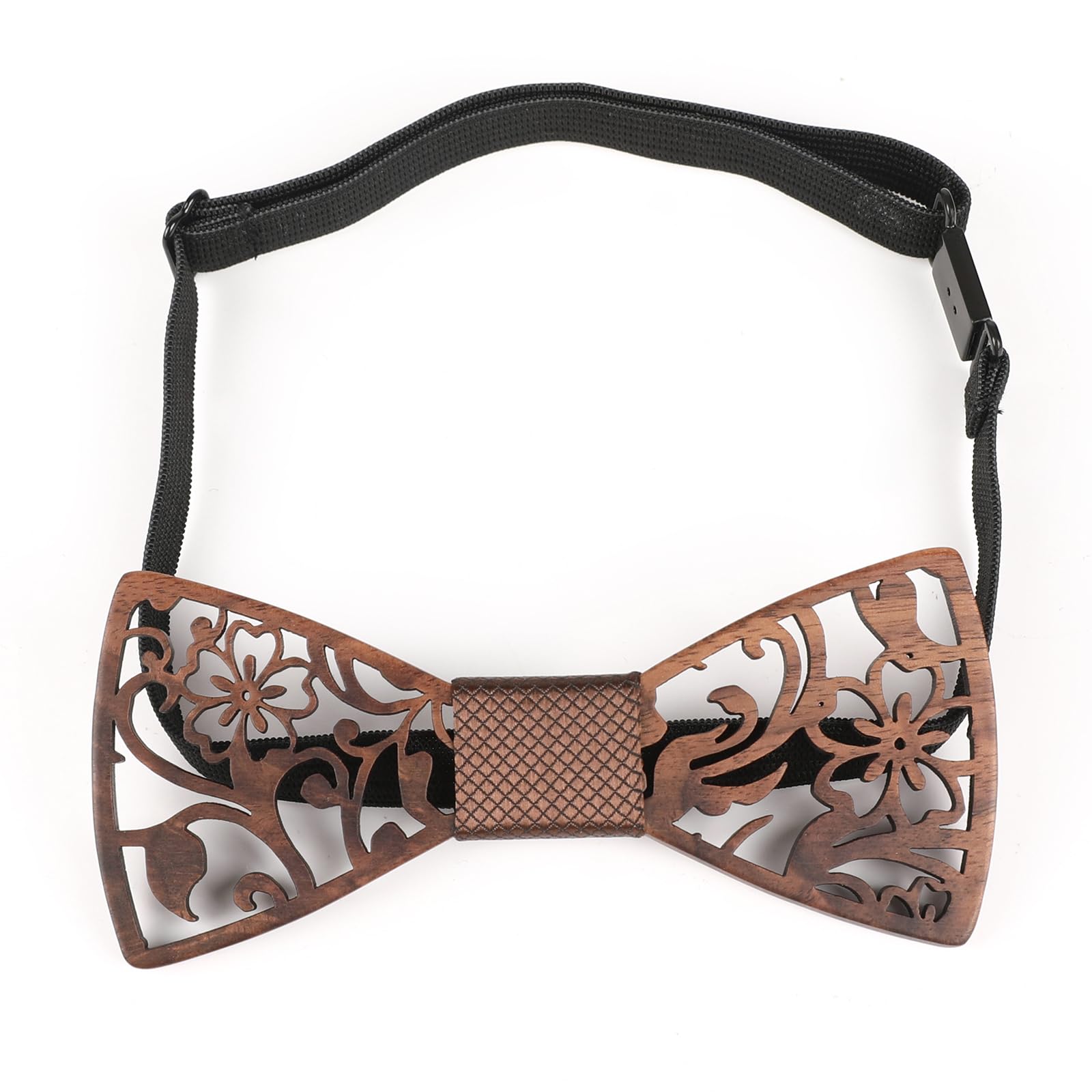 Mr.Van Noeud Papillon Bois les hommes, Naturel Noir Noyer Creux Sculpture Fleurs, Coffret en Bois (comprenant Boutons de Manchette,Mouchoir et Noeud papillon) pour Groomsman de Mariage Business