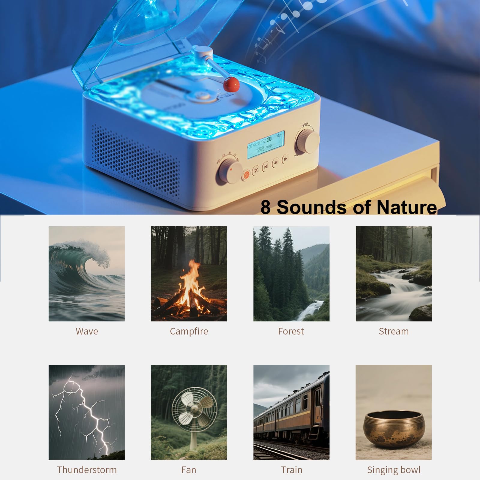 Lettore di Cassette Bluetooth CD Boombox Radio Portatile Wave Record, Rumore Bianco Marino con Luce Ambientale a Onde Interruttore Rotante, 8 Suoni Naturali Funzione Timer di spegnimento