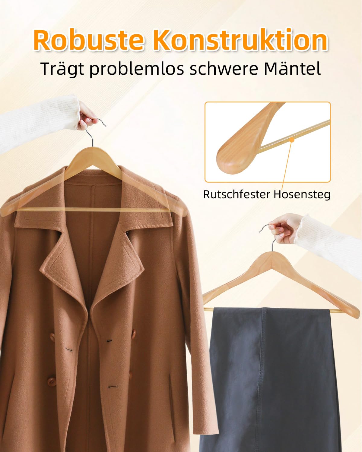 Juego de 6 perchas de madera de haya maciza con hombros anchos, perchas de madera con barra para pantalones para trajes, abrigos, chaquetas, camisas y pantalones