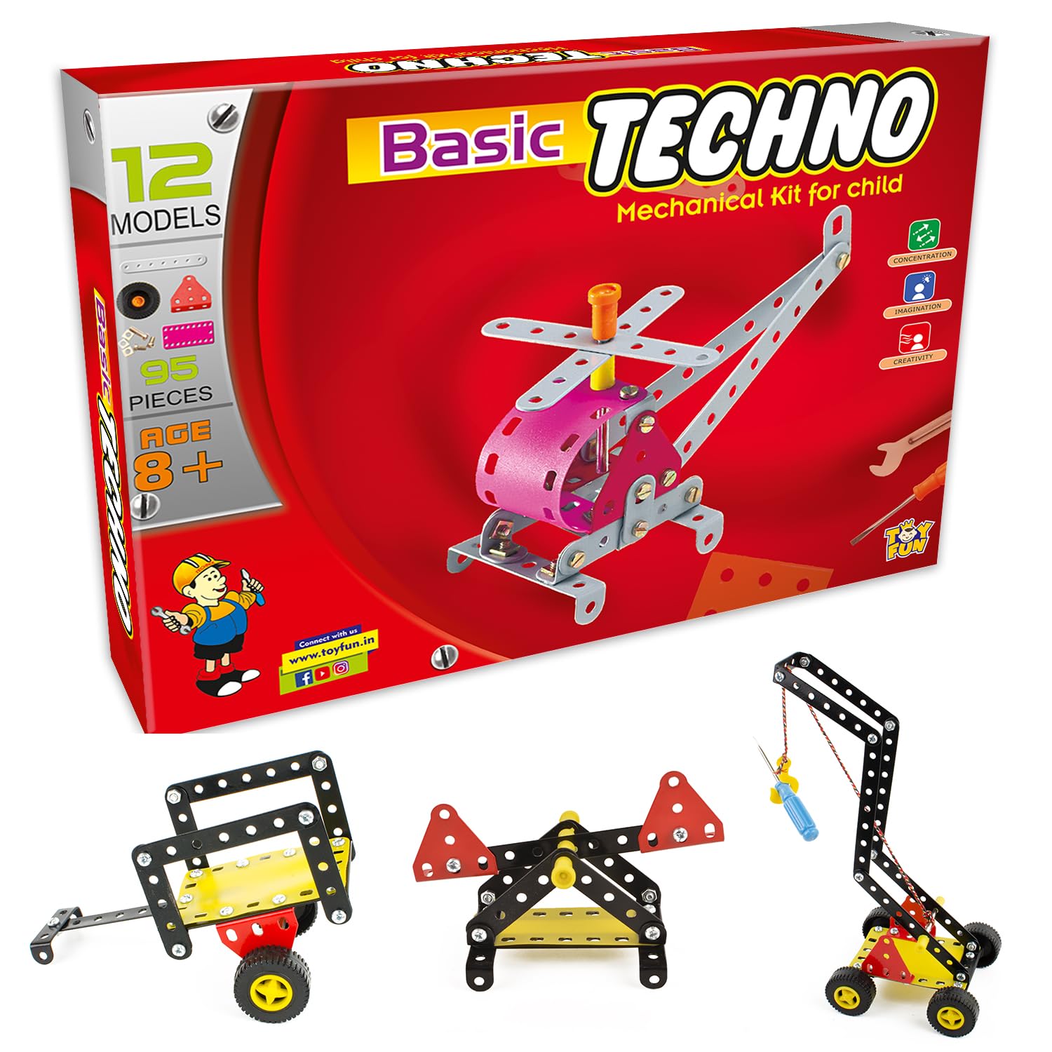 TOY FUN Toyfun Techno Basic, Age 8+ | Stem Mechanical And Educational DIY Toy Kit For Kids | Model Building Engineering Game For Kids | 12 Models | 95+ Metal And Plastic Puzzle Pieces | Multicolor