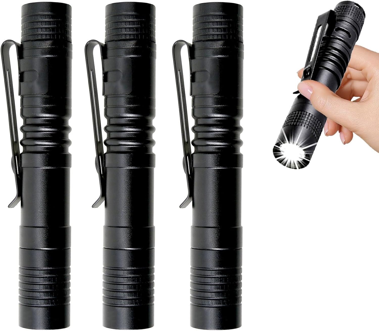 3pcs Handheld Mini Flashlight 500 Lumens, Super Bright LED AAA Pocket Pen Flashlight with Clip, IPX6 Waterproof, Zoomable, for Camping, Hiking, Emergency (Black)