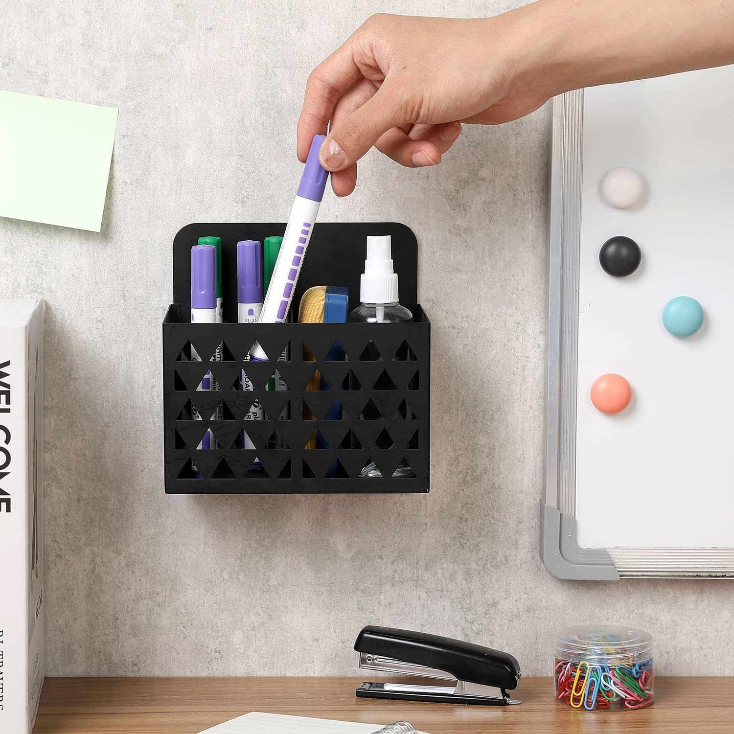 MyGift Dry Erase Marker Holder Wall Mounted with Triangle Cutout Design Modern Black Metal 2 Compartment Office Supplies Storage Bin Organizer, Desktop Pen Pencil Holder - Image 3